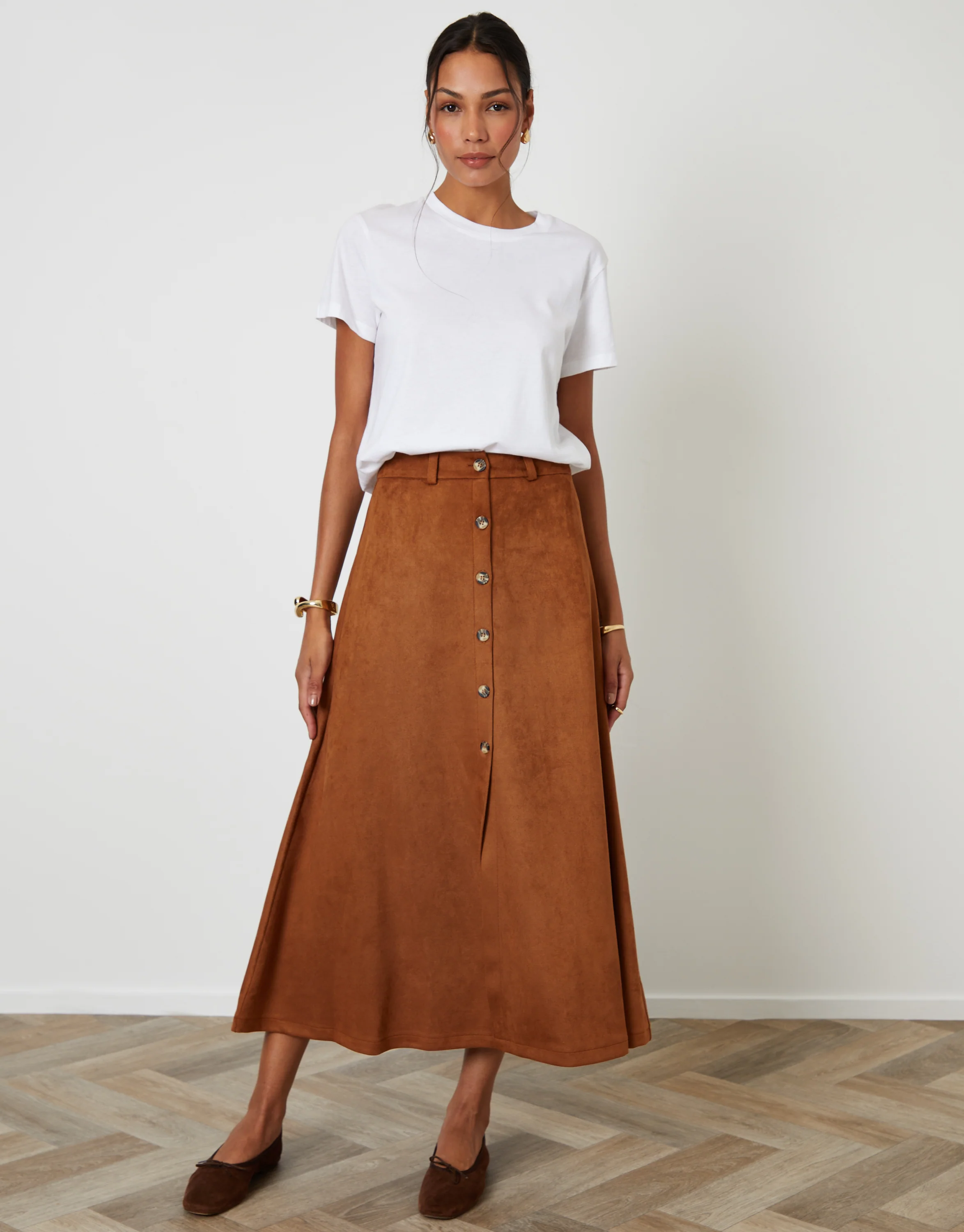 Button Front Suedette Skirt in Tan Brown