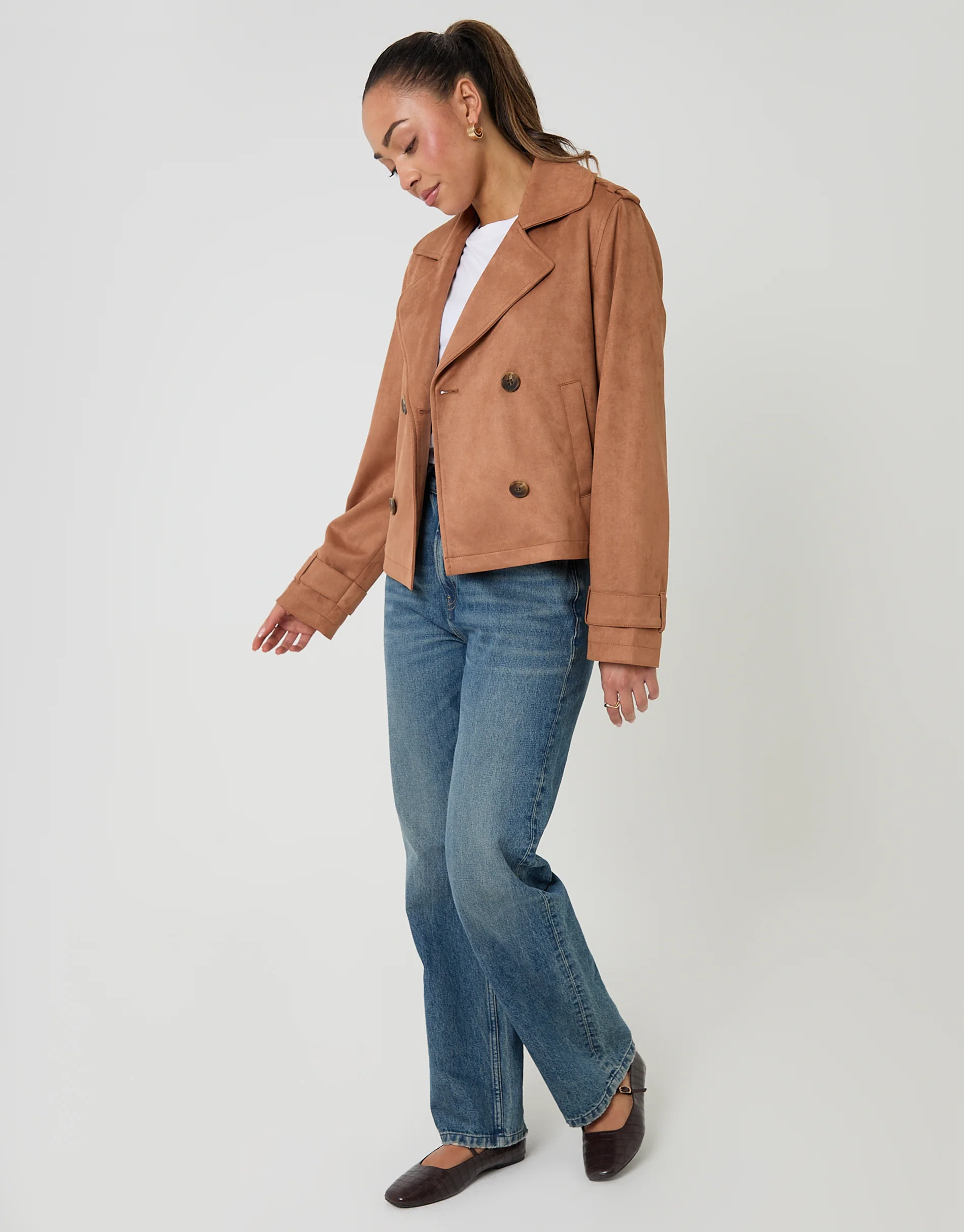 Suedette Cropped Trench Coat in Tan Brown - Image 3