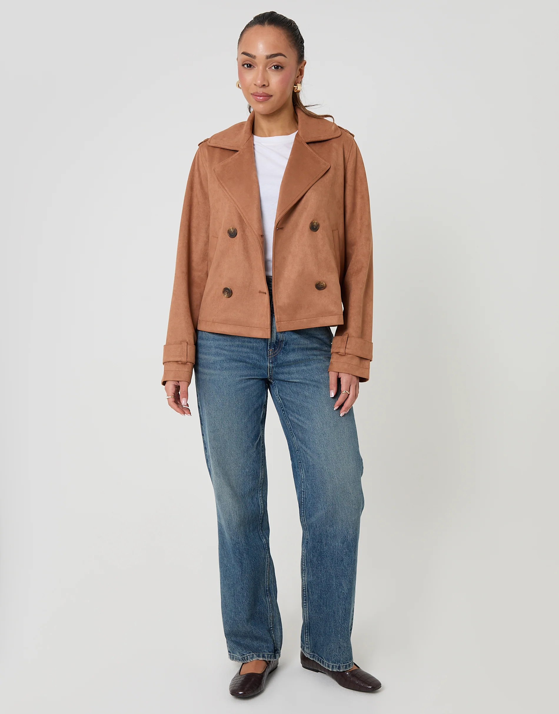 Suedette Cropped Trench Coat in Tan Brown - Image 4
