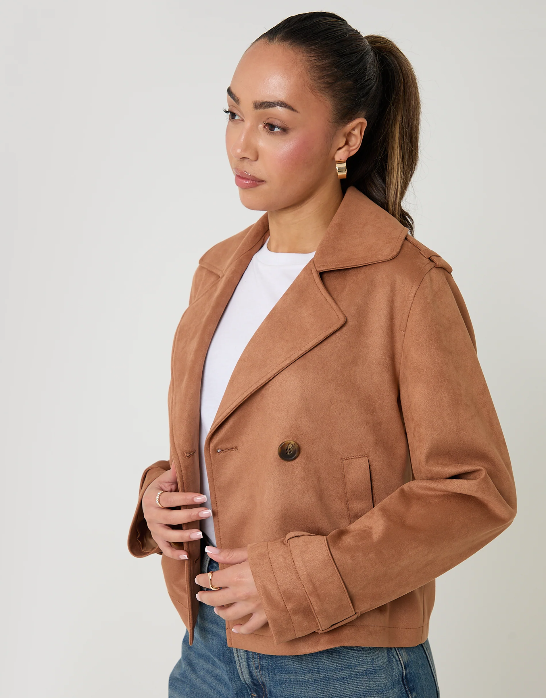 Suedette Cropped Trench Coat in Tan Brown - Image 5