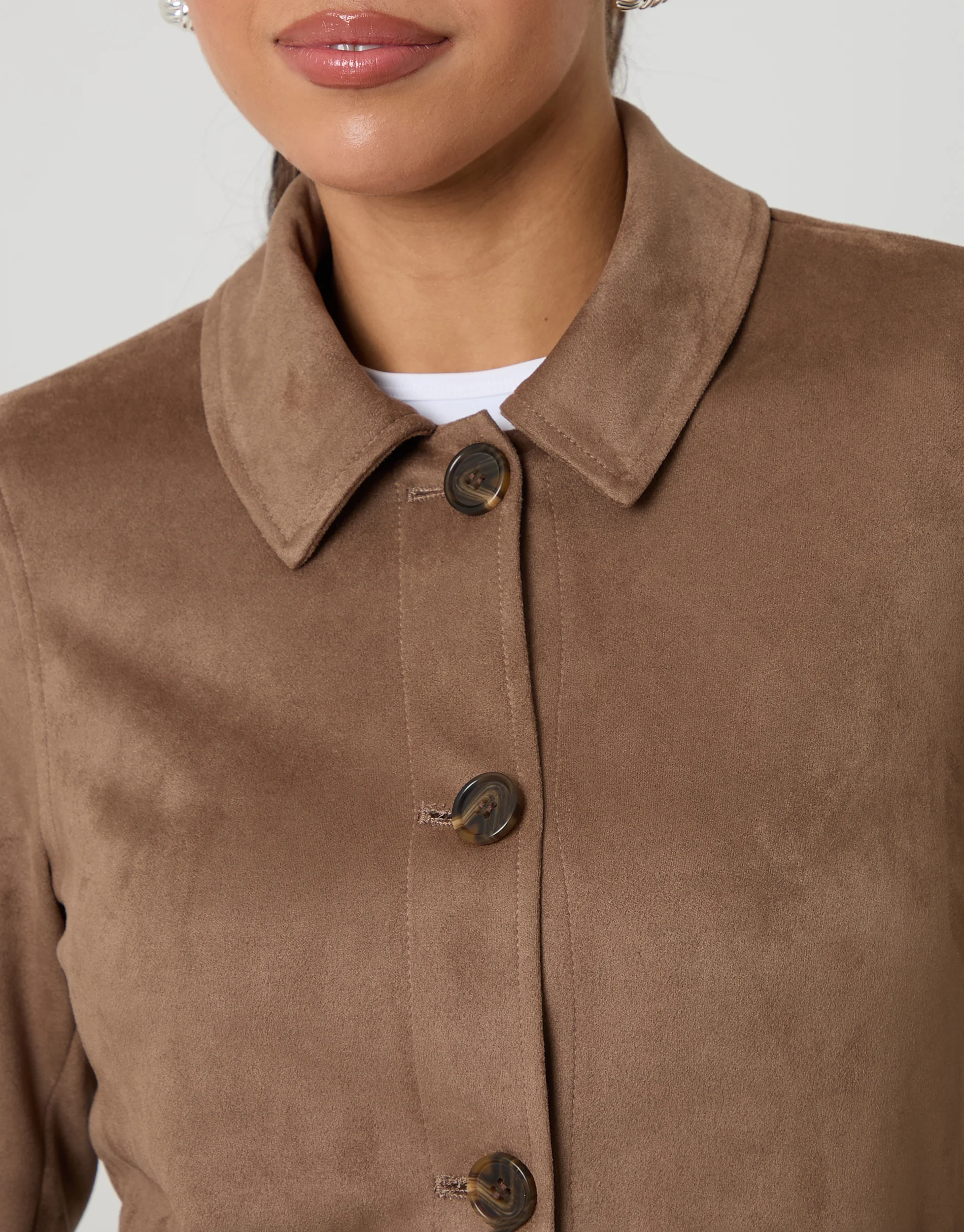 Cropped Button Up Suedette Shacket in Taupe - Image 3