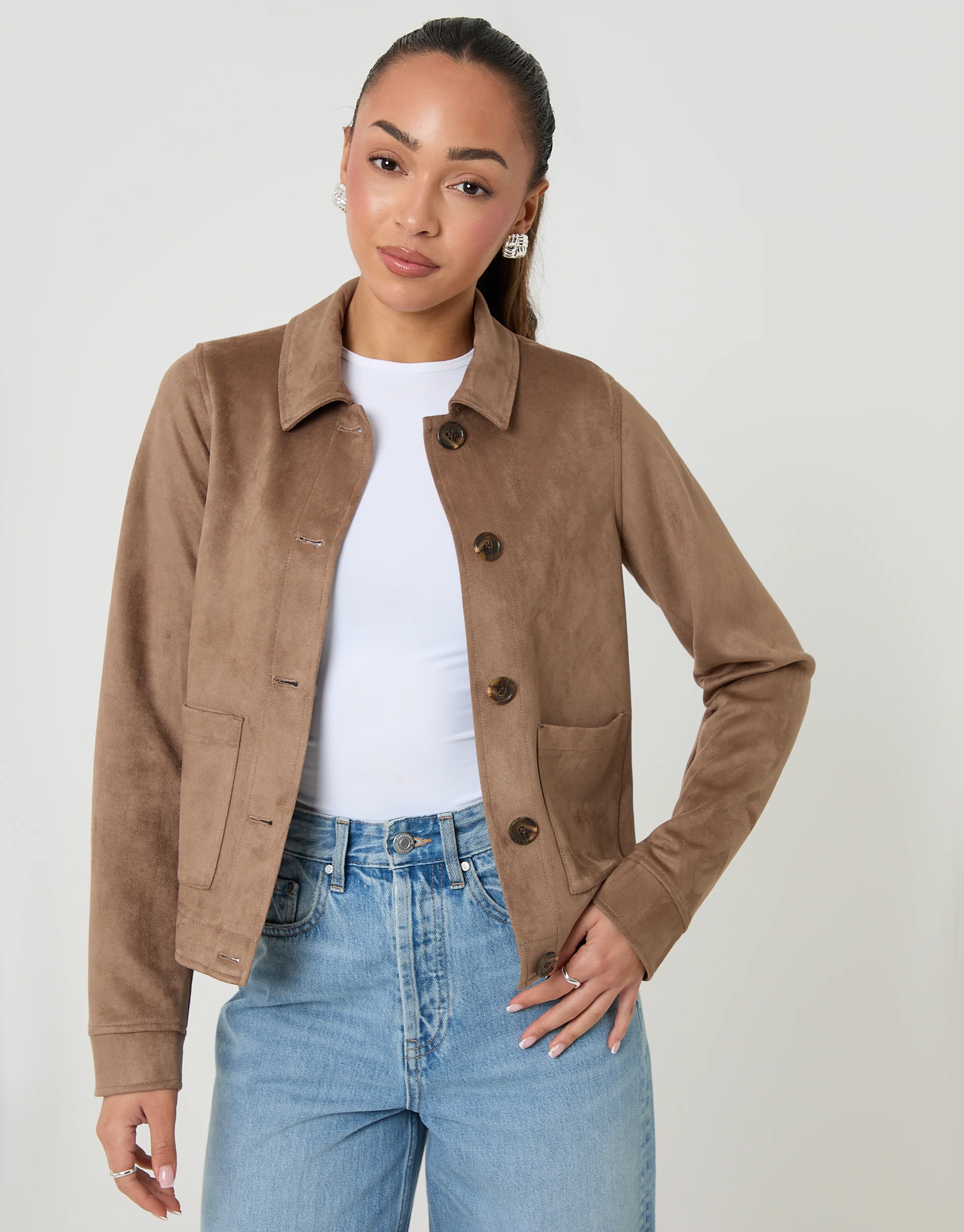 Cropped Button Up Suedette Shacket in Taupe - Image 4