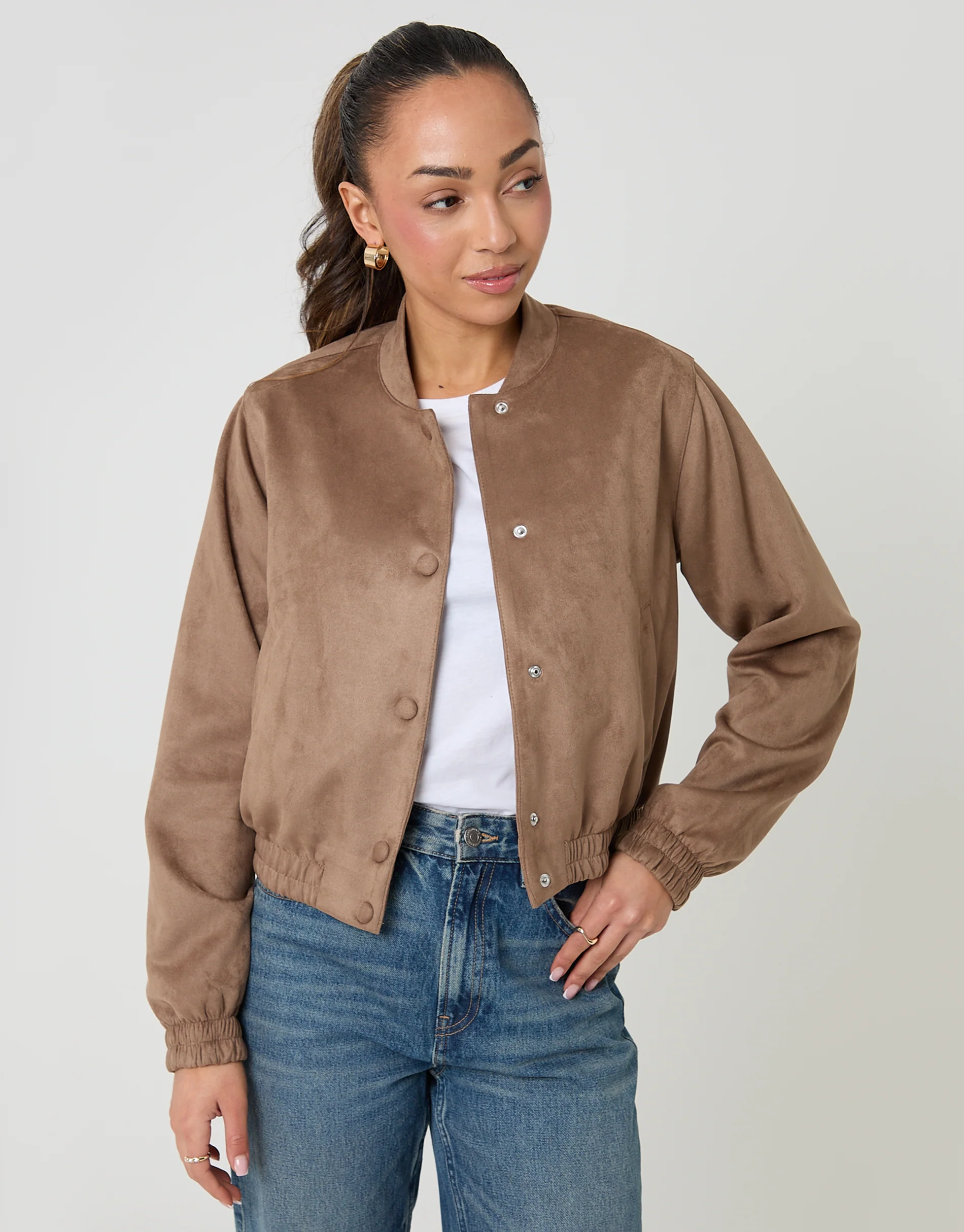Faux Suede Bomber Jacket in Taupe