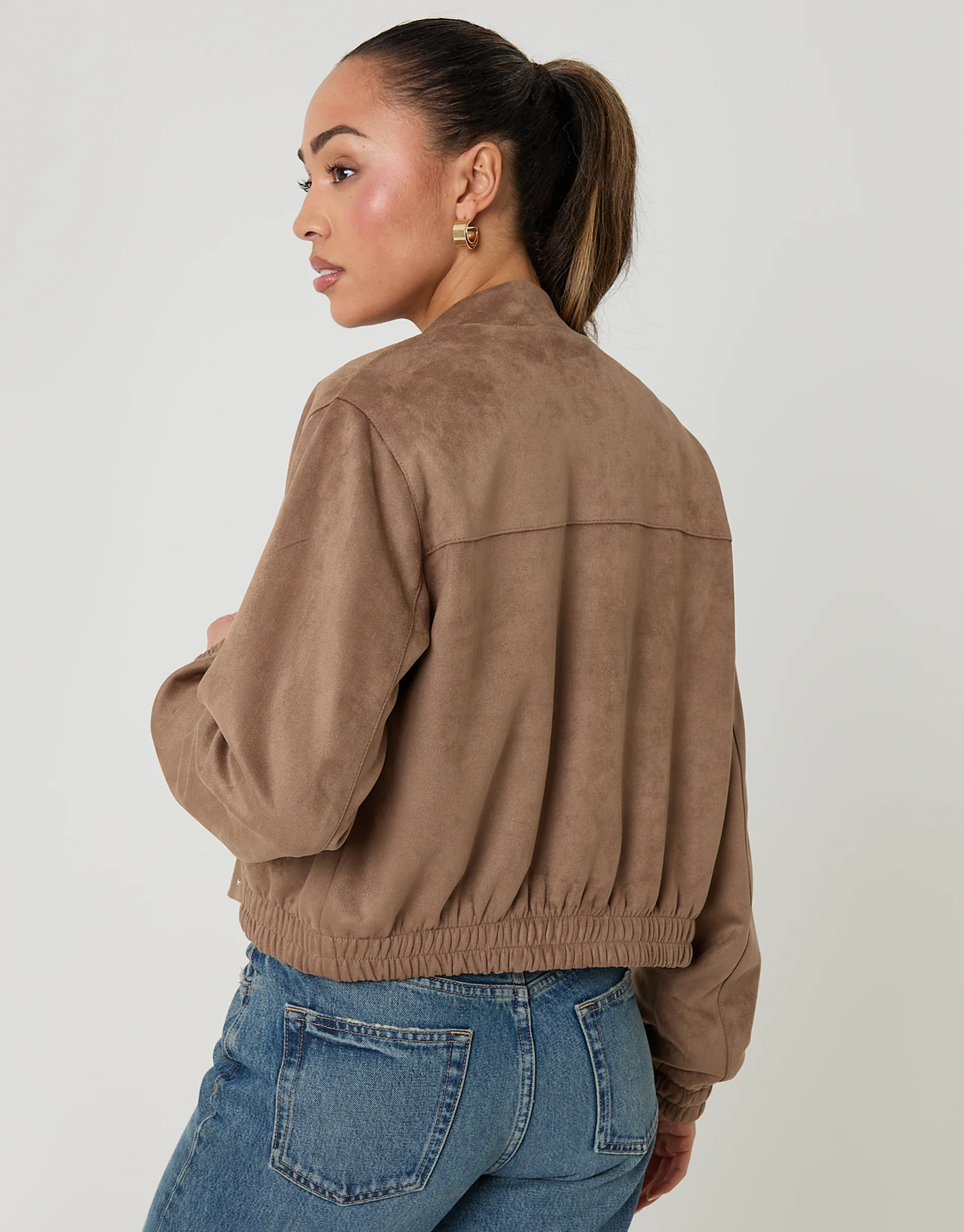 Faux Suede Bomber Jacket in Taupe - Image 2