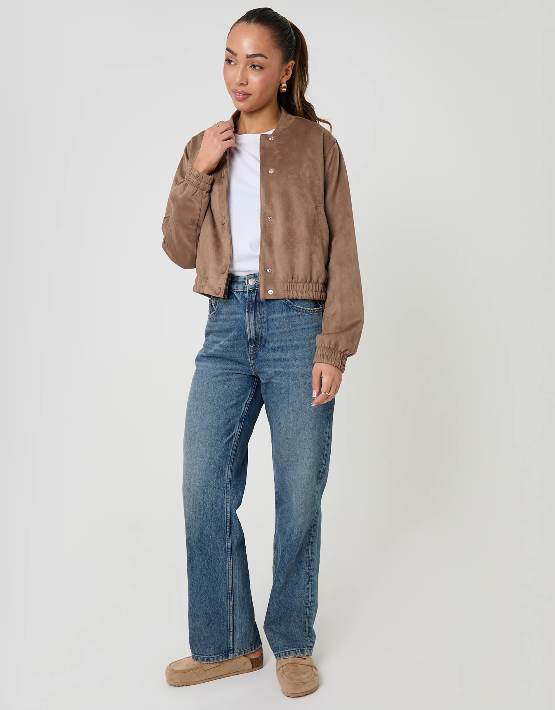 Faux Suede Bomber Jacket in Taupe - Image 3