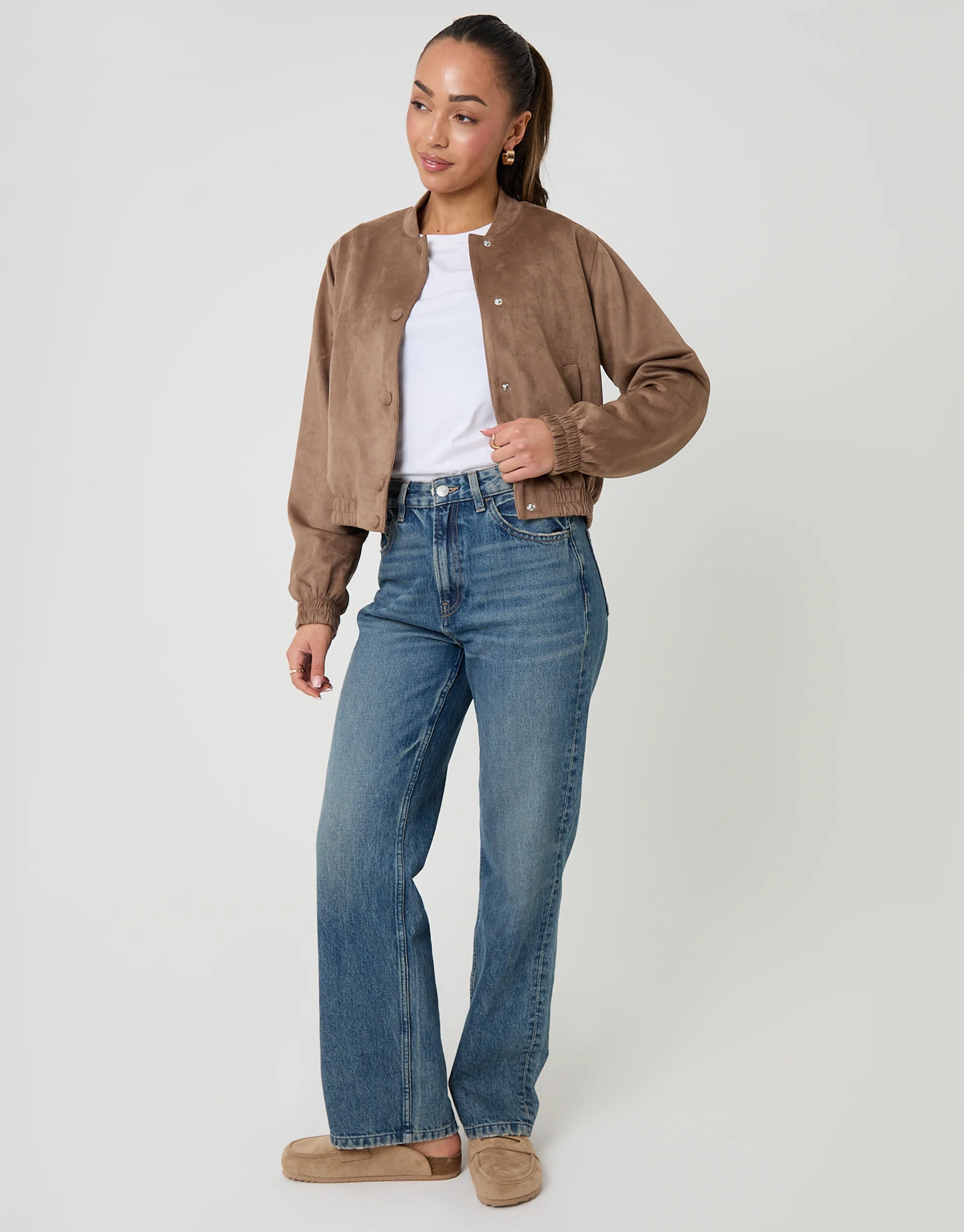 Faux Suede Bomber Jacket in Taupe - Image 4