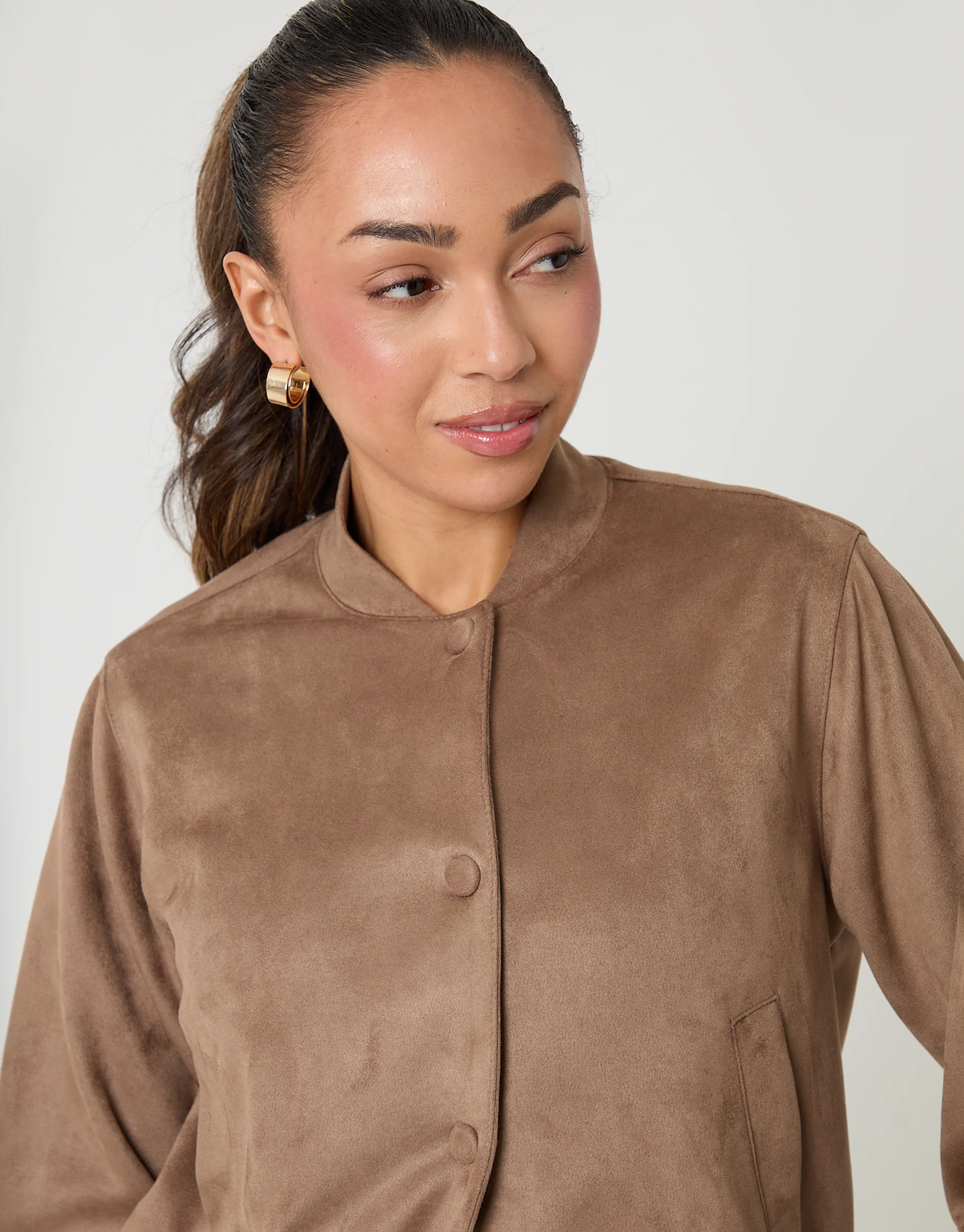 Faux Suede Bomber Jacket in Taupe - Image 5