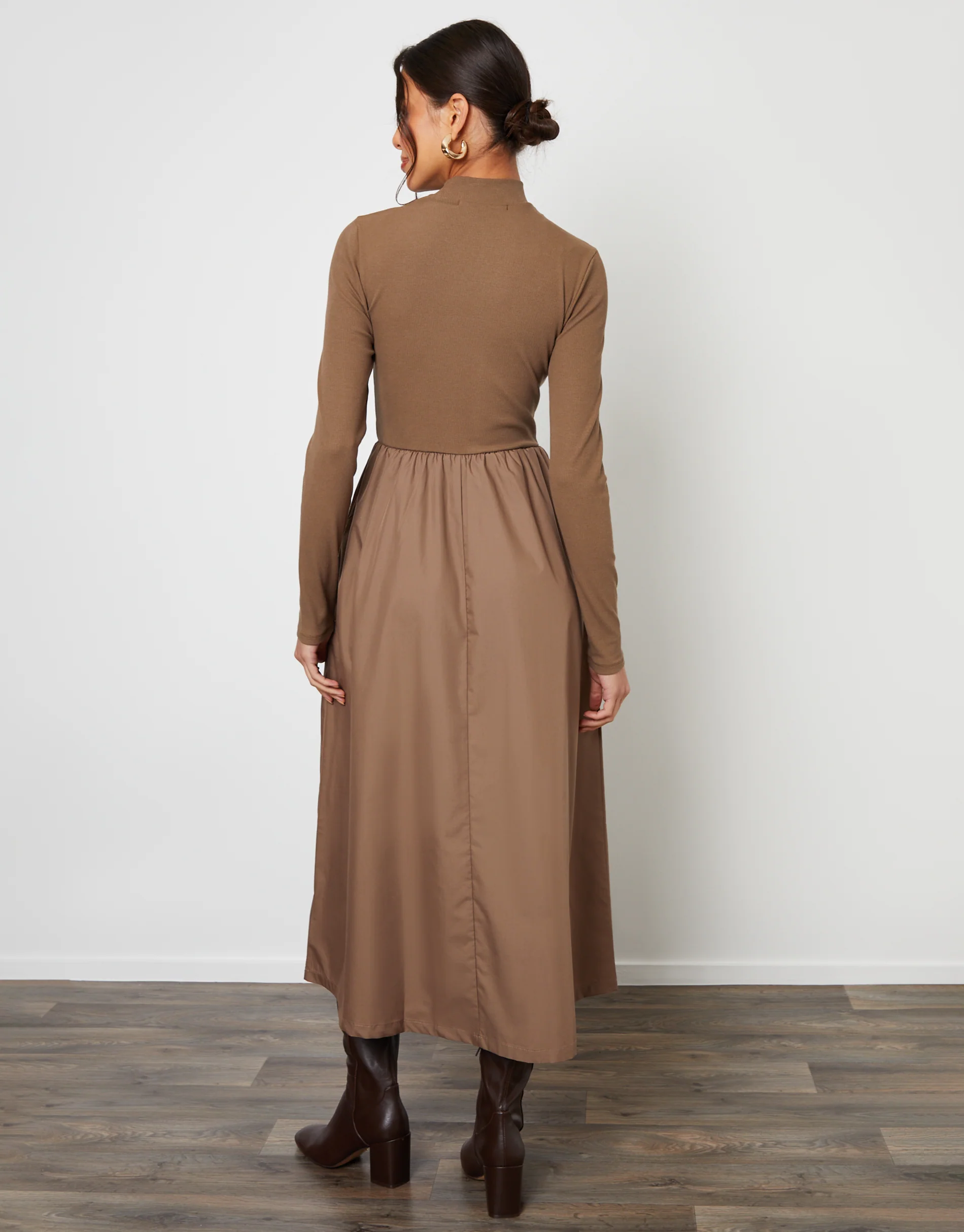High Neck 2-in-1 Jersey Poplin Mix Midi Dress in Taupe - Image 4