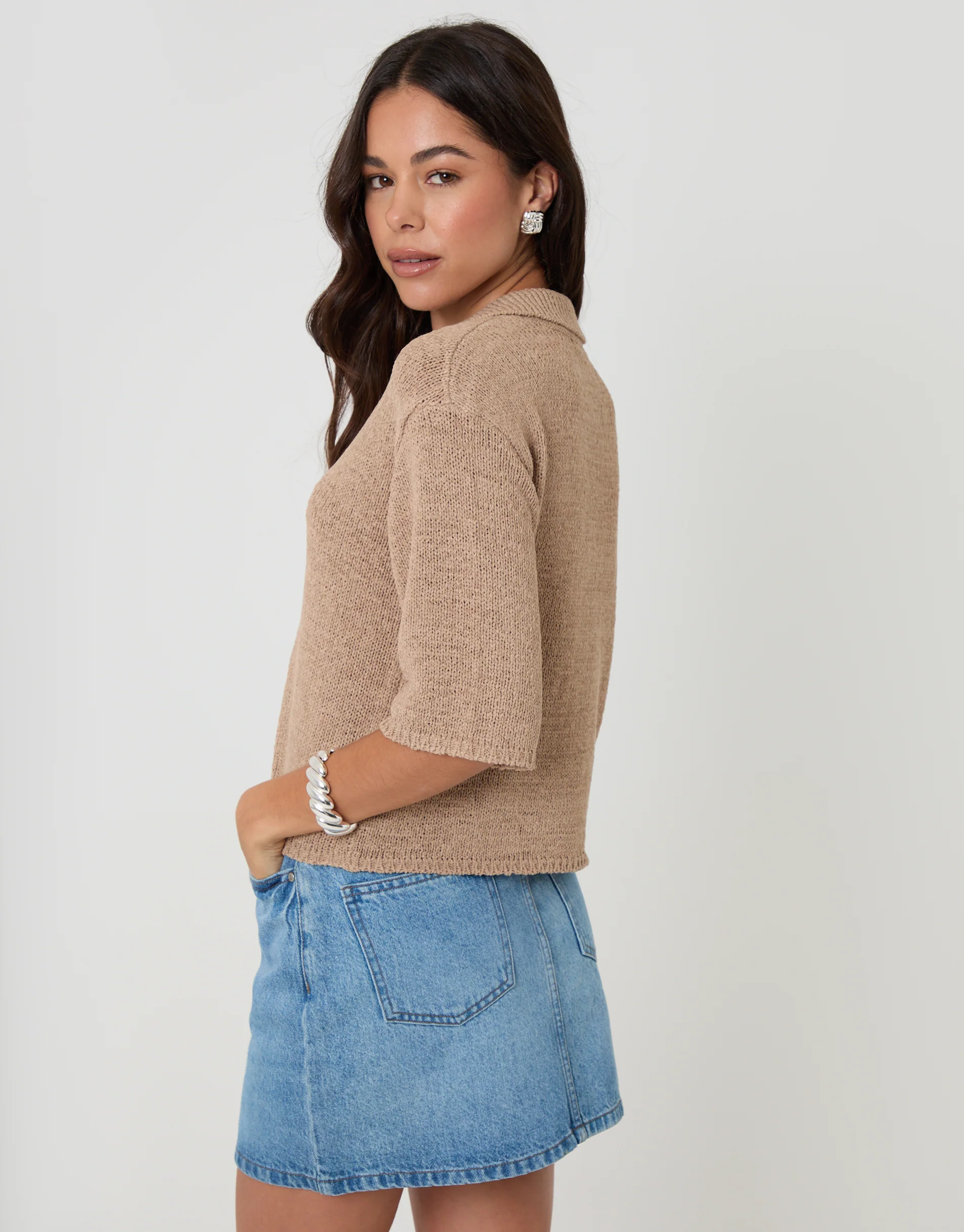 Knitted Yarn Button Up Polo Shirt in Taupe - Image 2