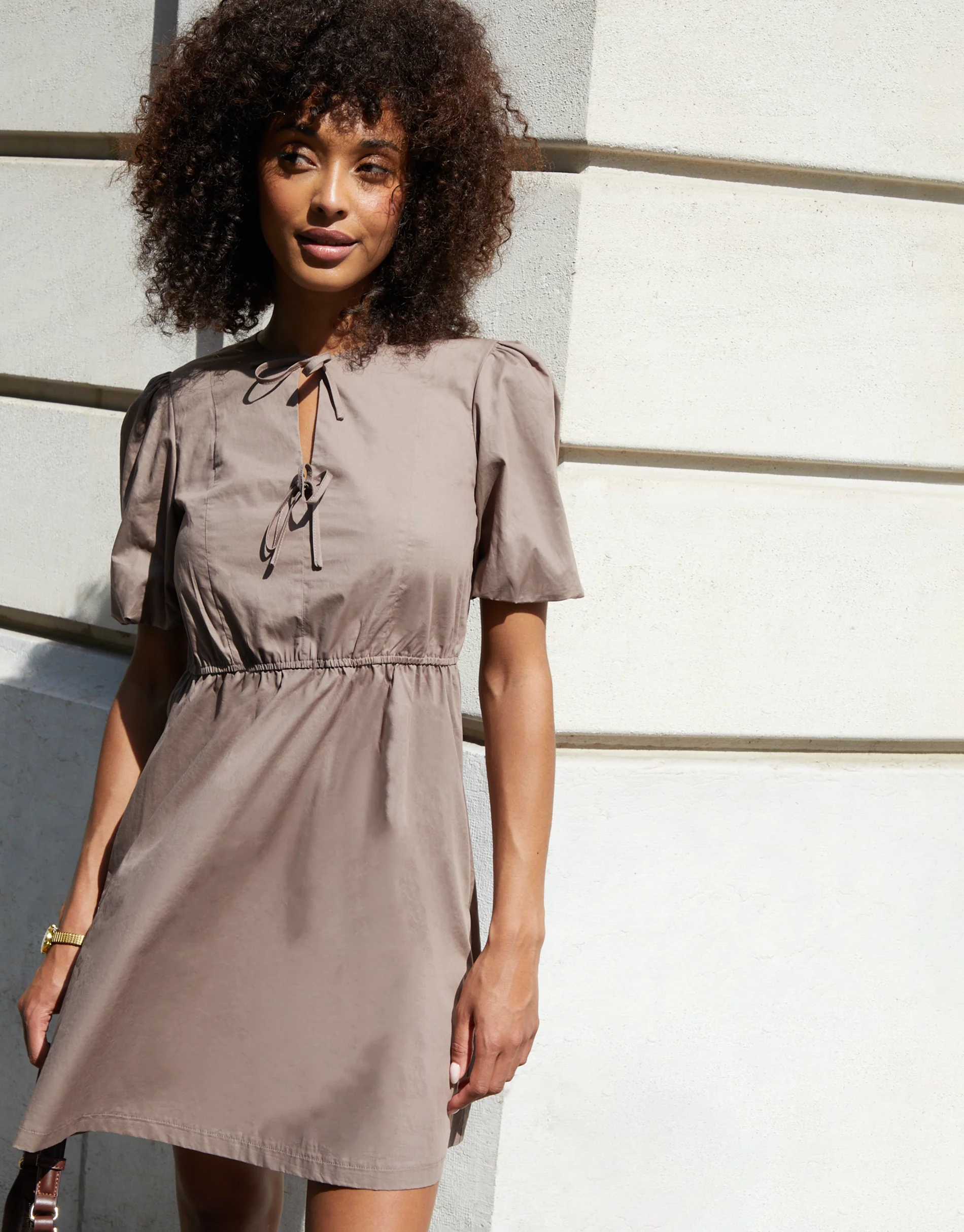 Puff Sleeve Tie Front Smock Mini Dress in Taupe