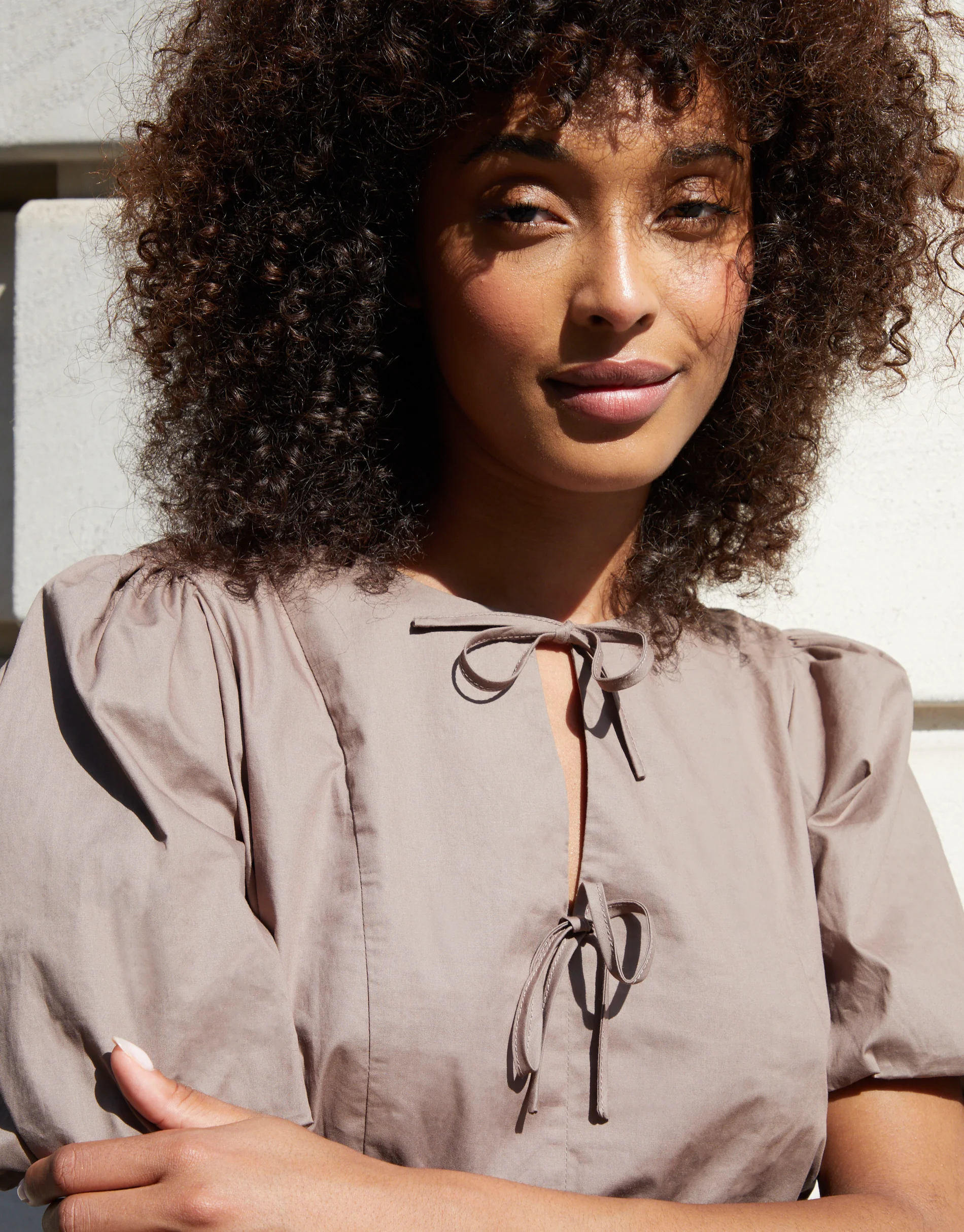Puff Sleeve Tie Front Smock Mini Dress in Taupe - Image 2