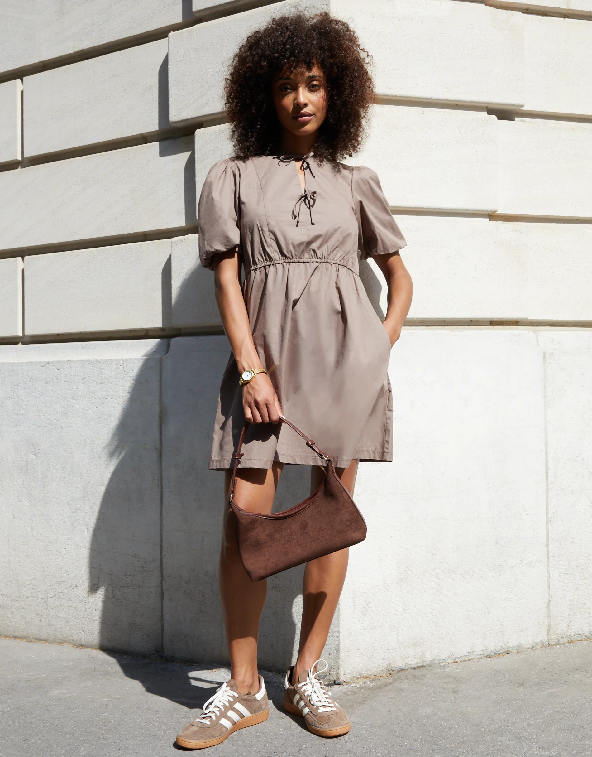Puff Sleeve Tie Front Smock Mini Dress in Taupe - Image 3
