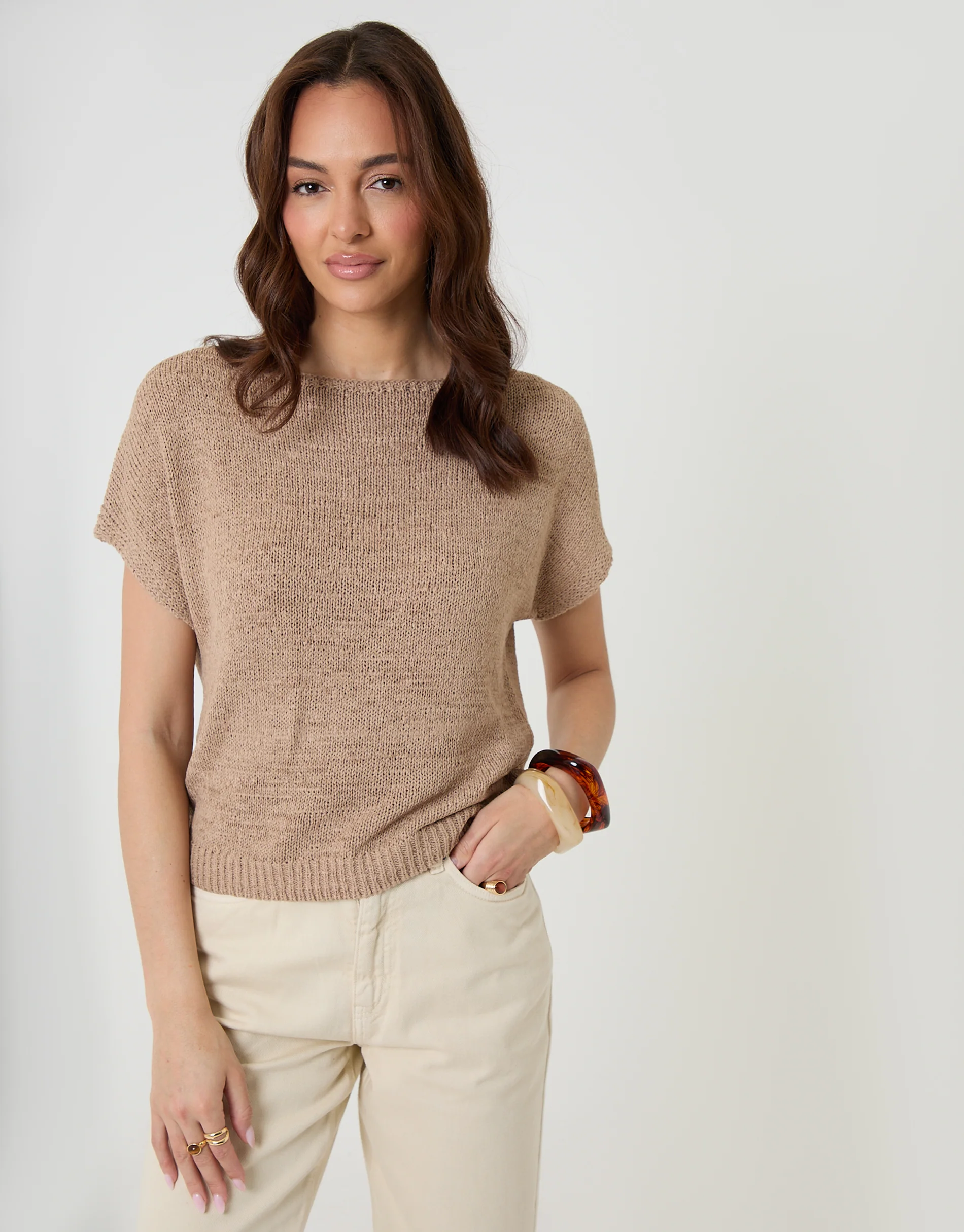 Slash Neck Short Sleeve Jumper in Taupe - Image 3