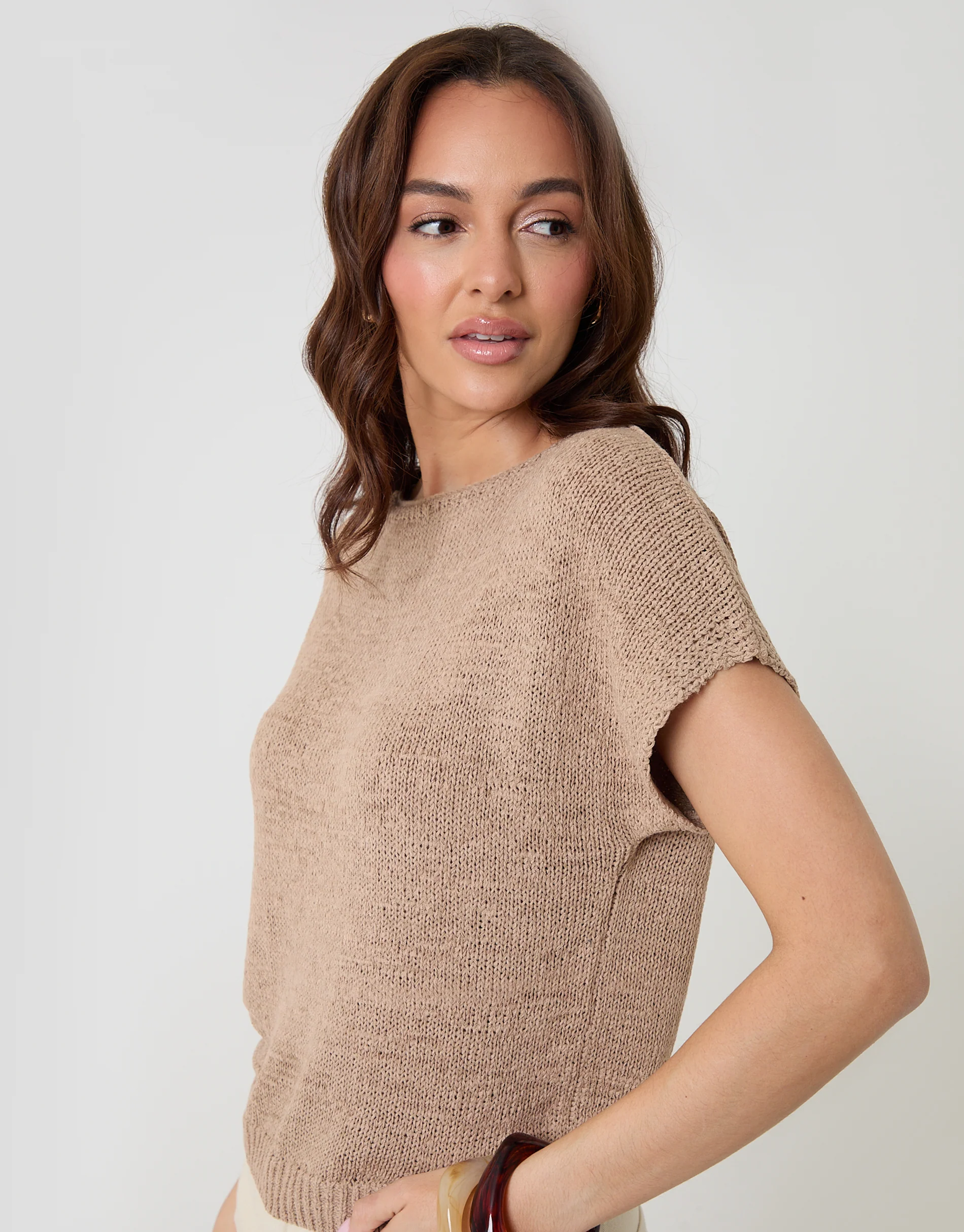 Slash Neck Short Sleeve Jumper in Taupe - Image 4