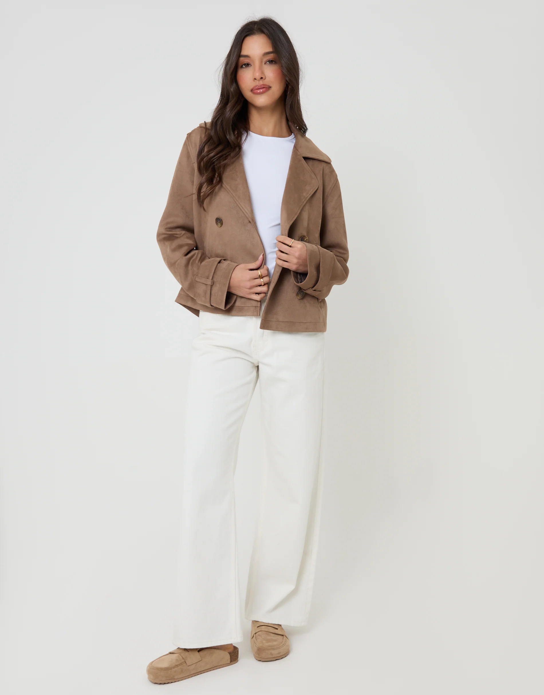 Suedette Cropped Trench Coat in Taupe - Image 3