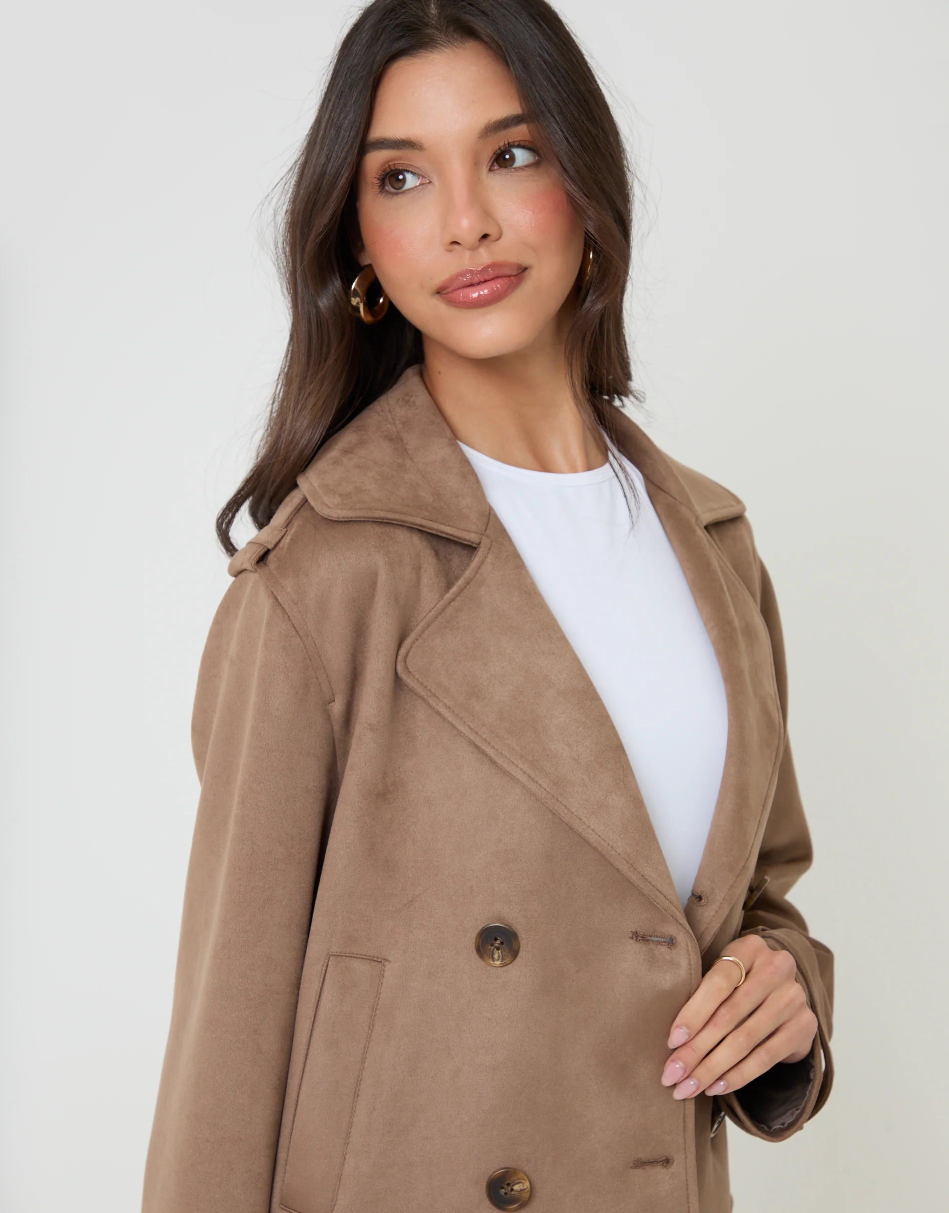 Suedette Cropped Trench Coat in Taupe - Image 4