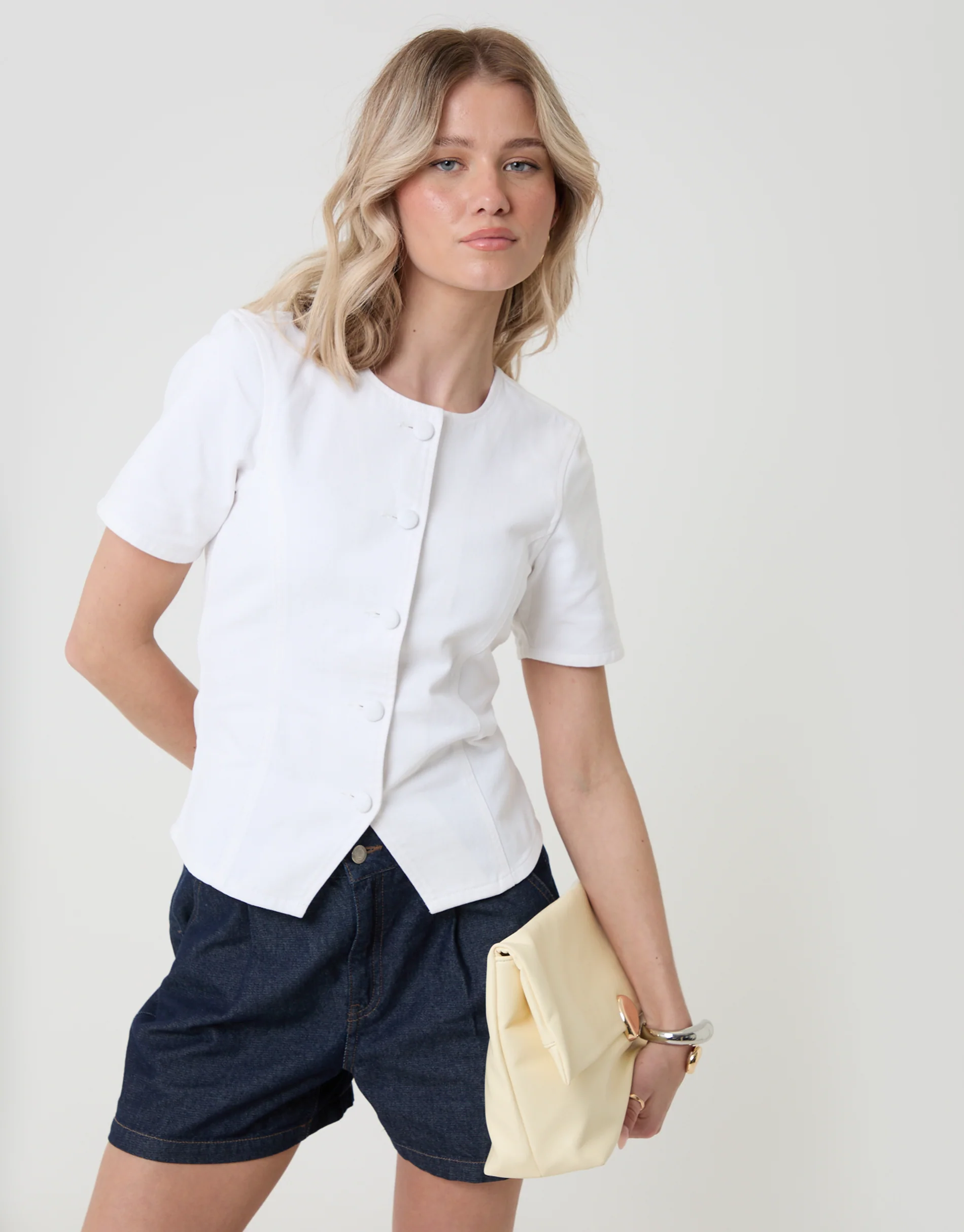 Denim Longline Angel Sleeve Top in White - Image 3