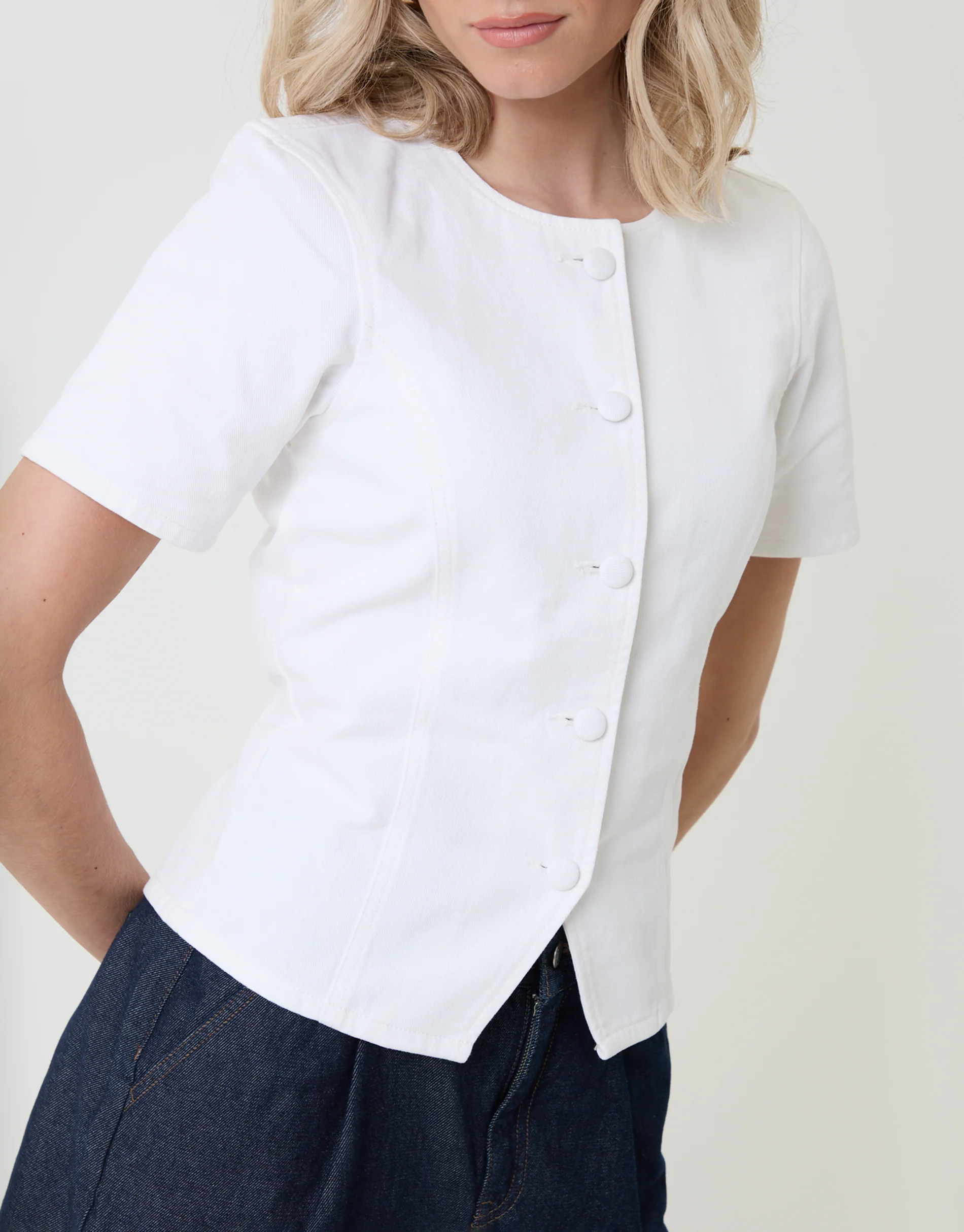 Denim Longline Angel Sleeve Top in White - Image 4
