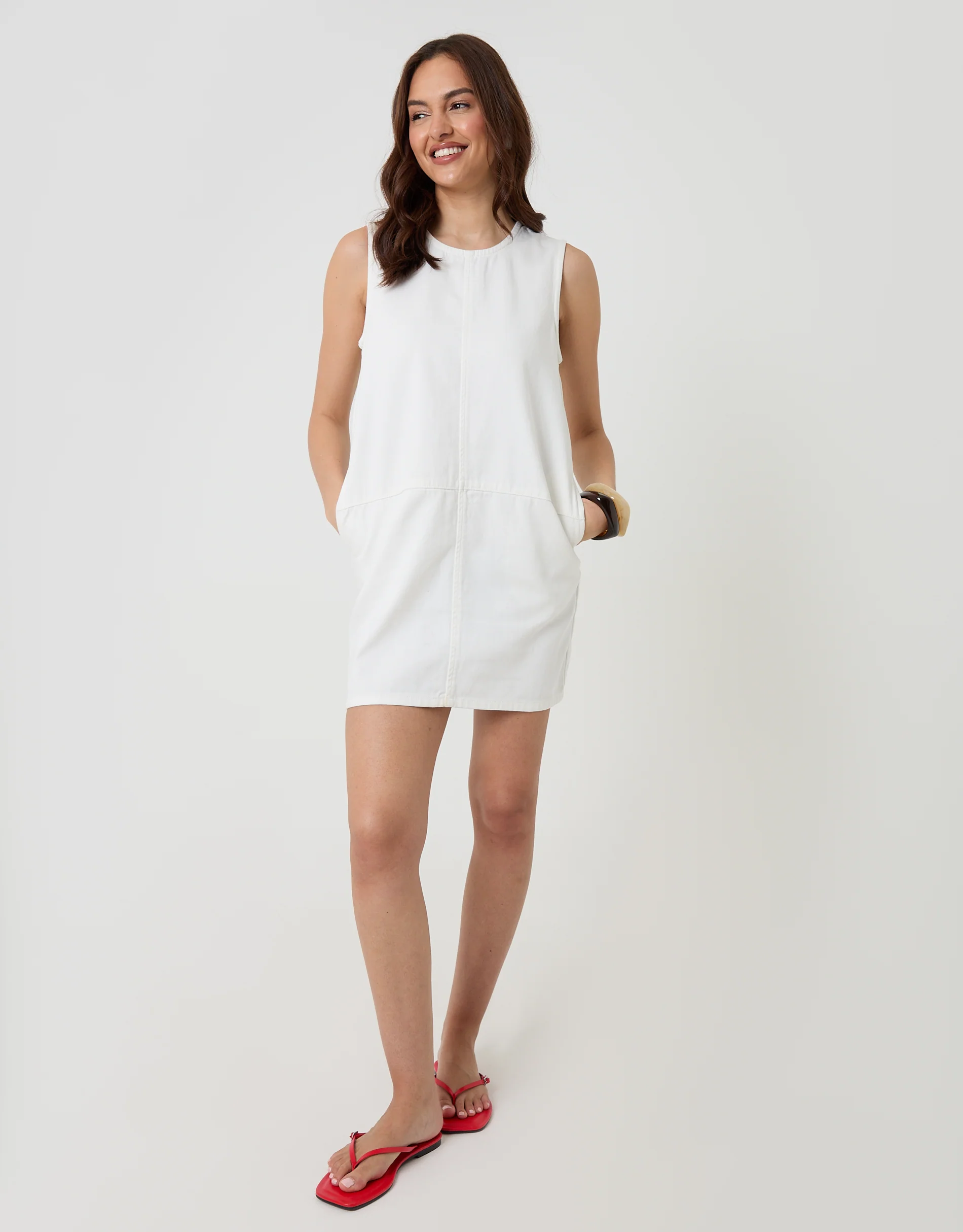 Denim Mini Shift Dress in White - Image 3