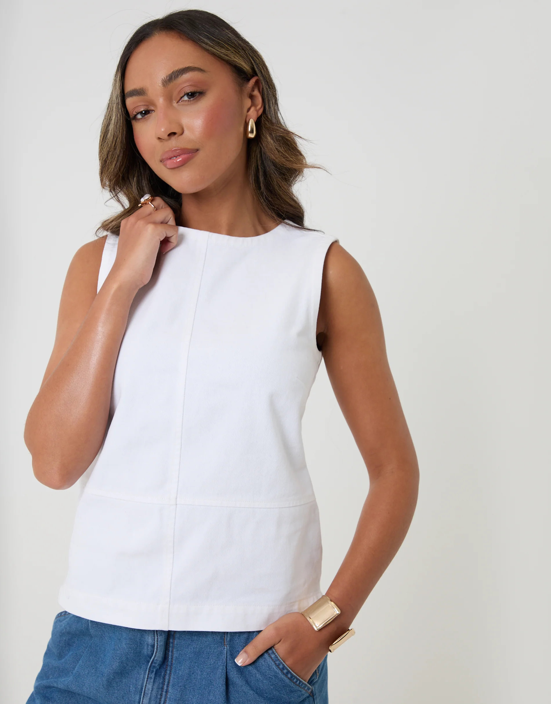 Denim Tie-Back Shell Top in White