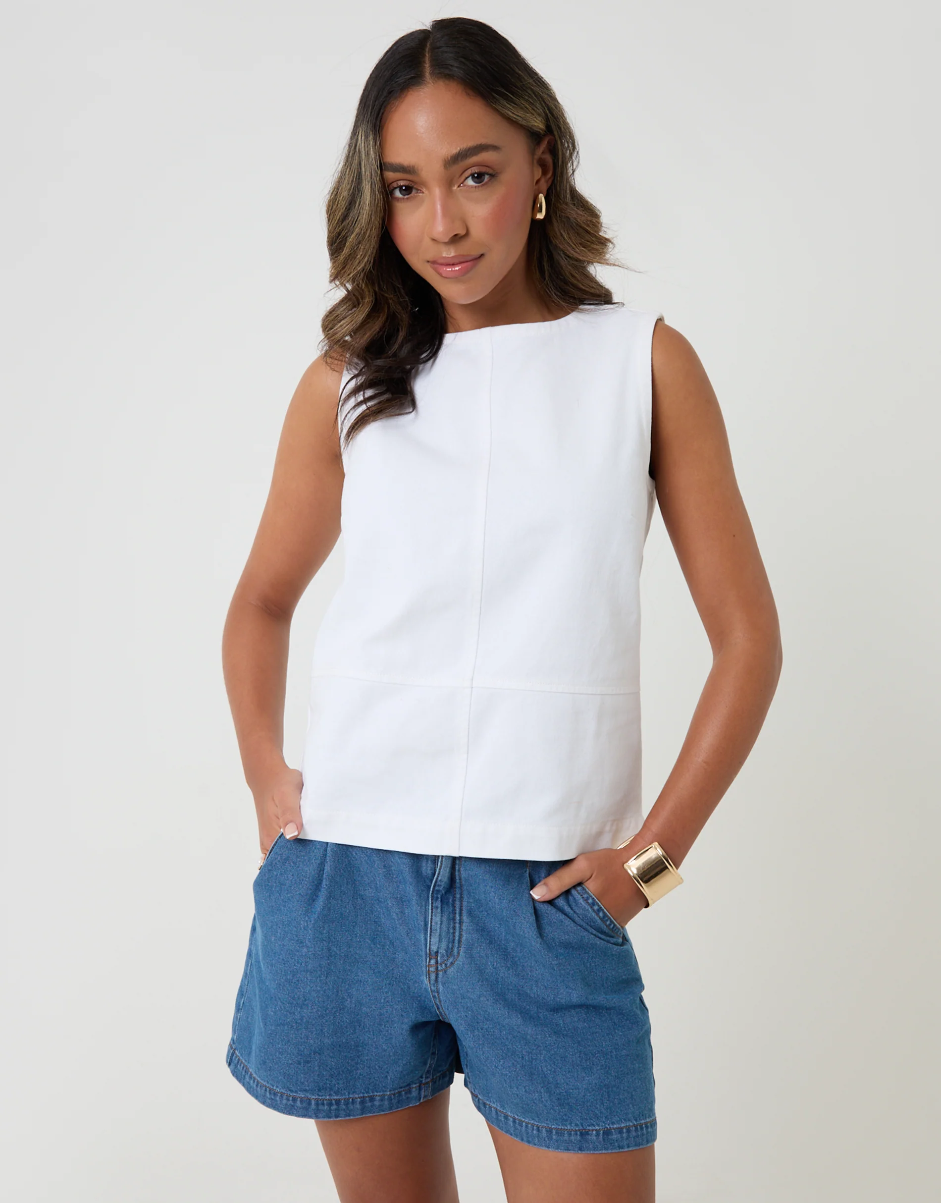 Denim Tie-Back Shell Top in White - Image 3