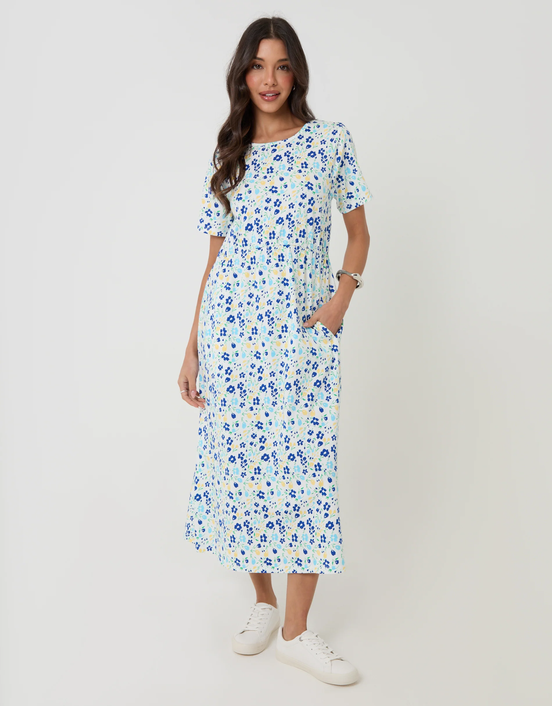 Jersey Midi Smock Dress with Pockets in White Floral - Image 3