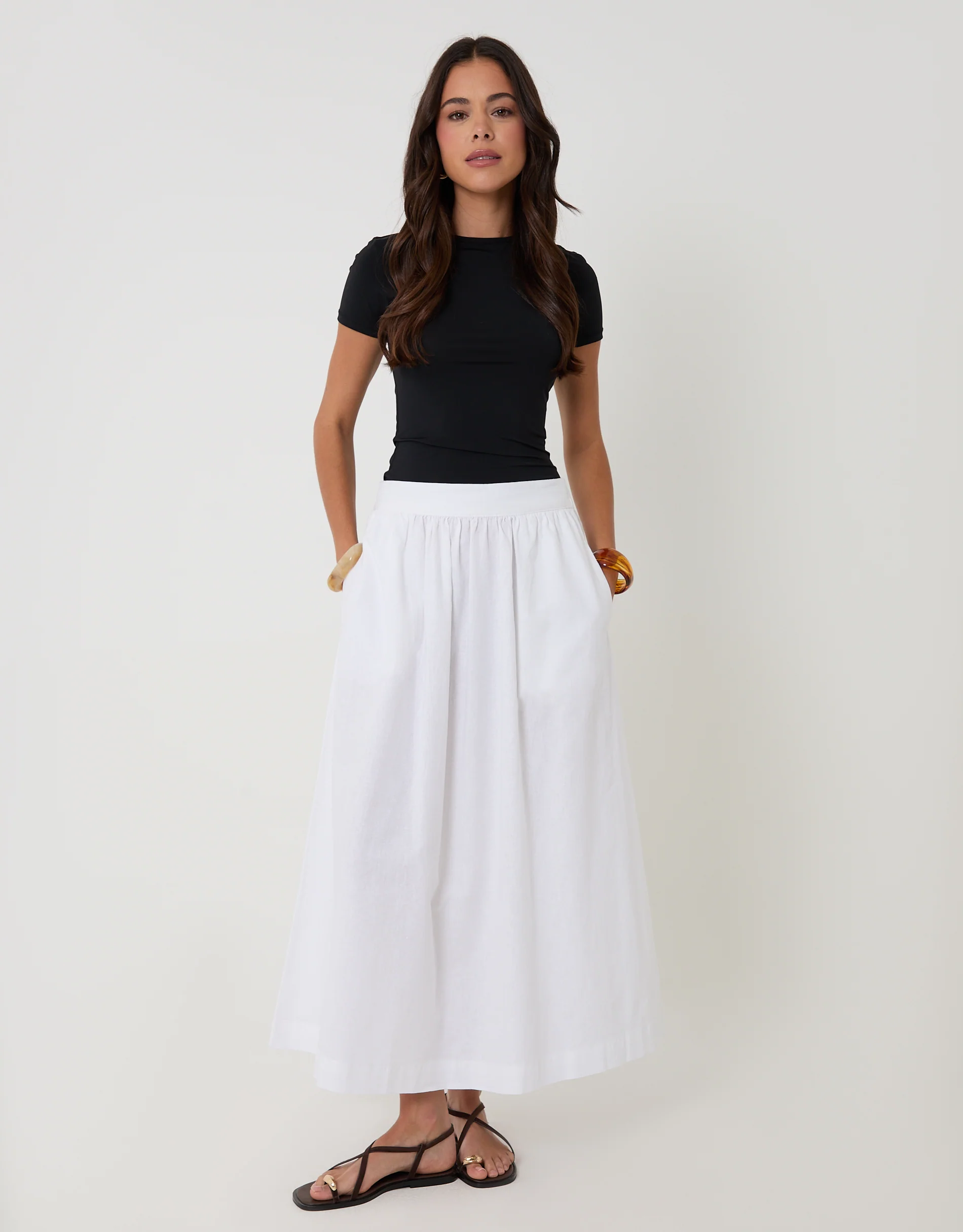 Linen Blend Gathered Midaxi Skirt in White