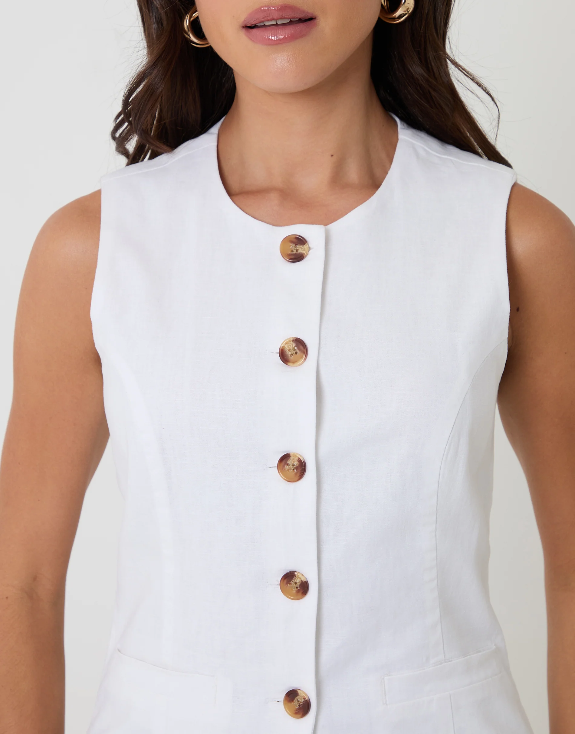 Linen Blend Longline Waistcoat in White - Image 4