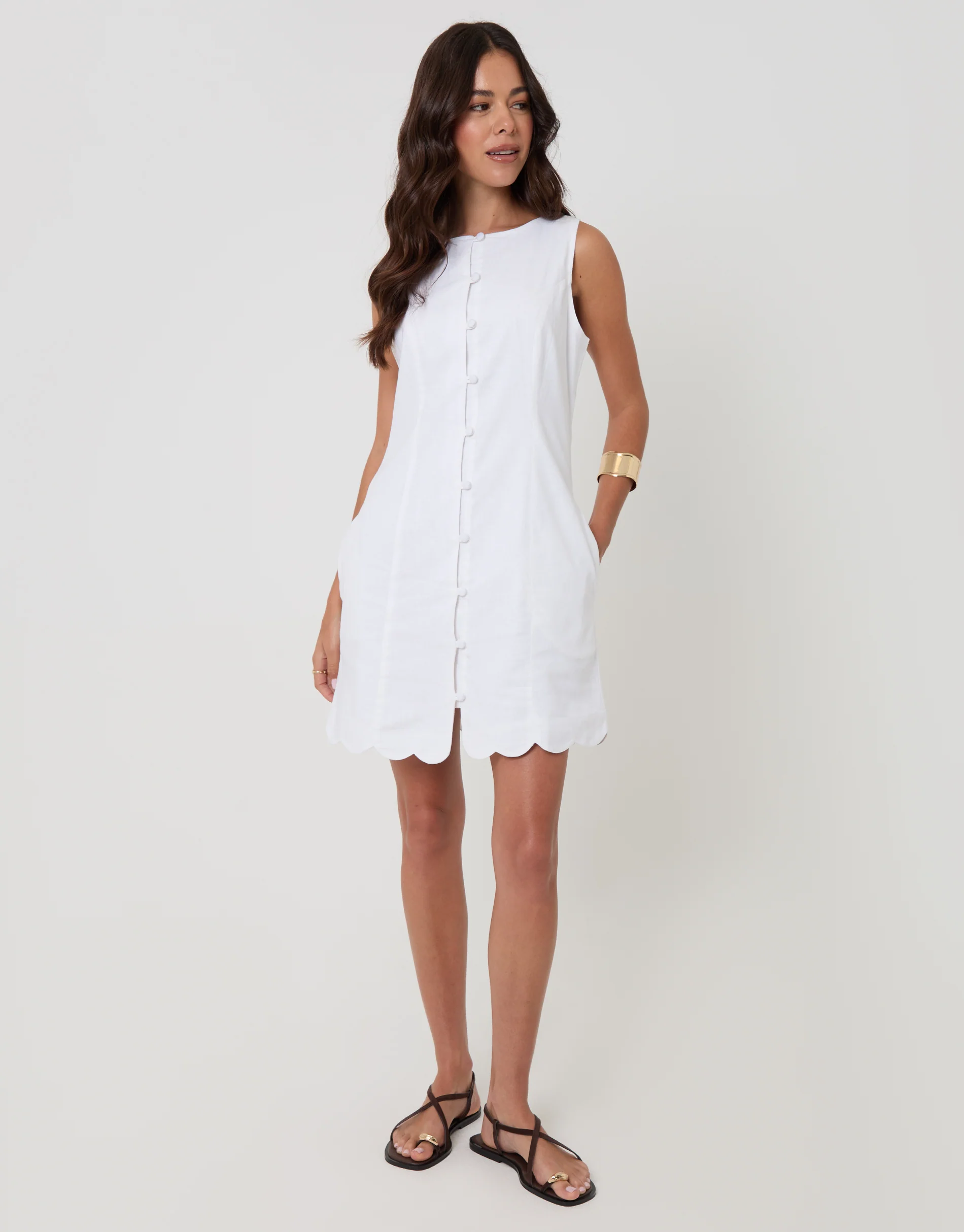 Linen Blend Pinafore Dress in White - Image 3