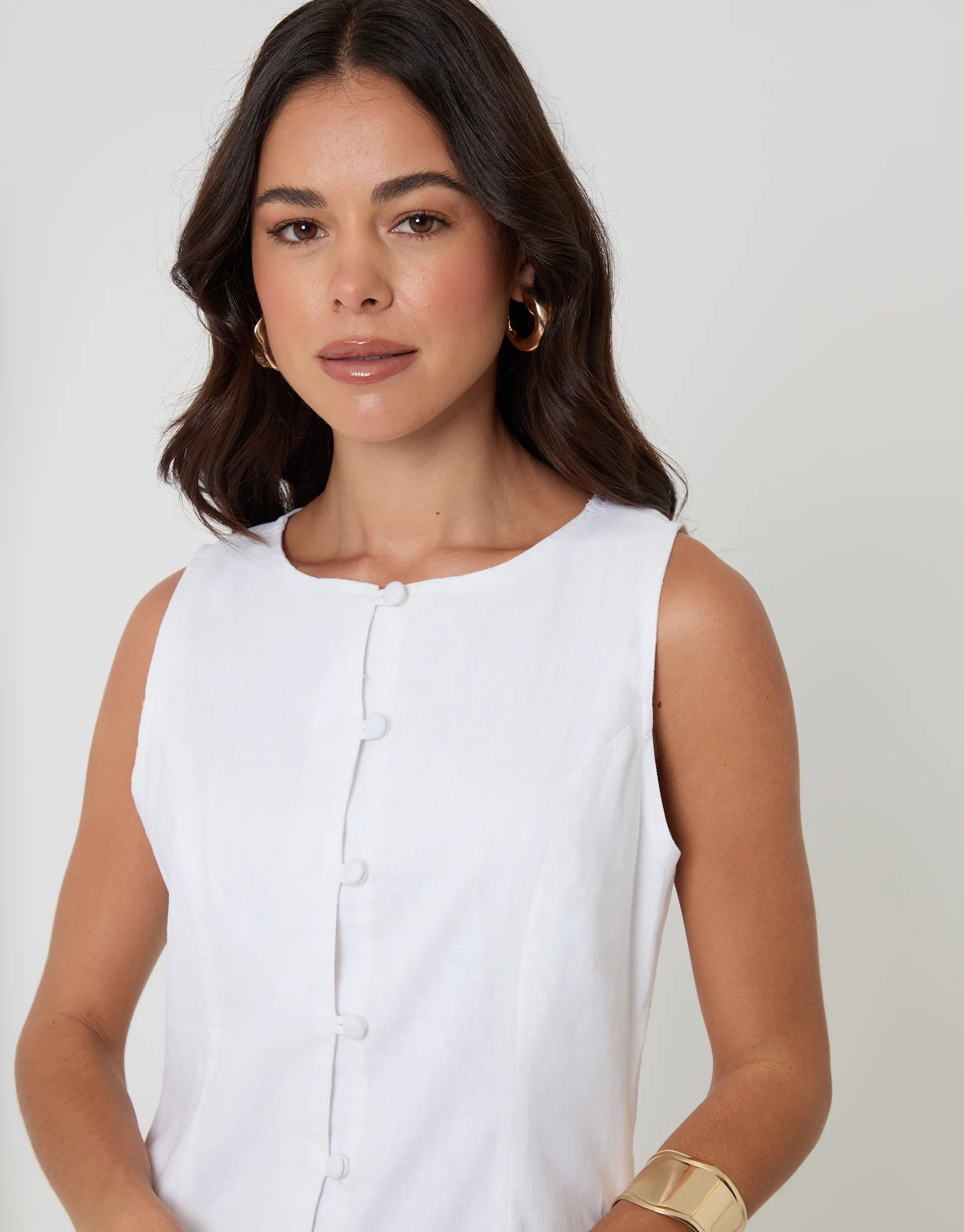 Linen Blend Pinafore Dress in White - Image 4