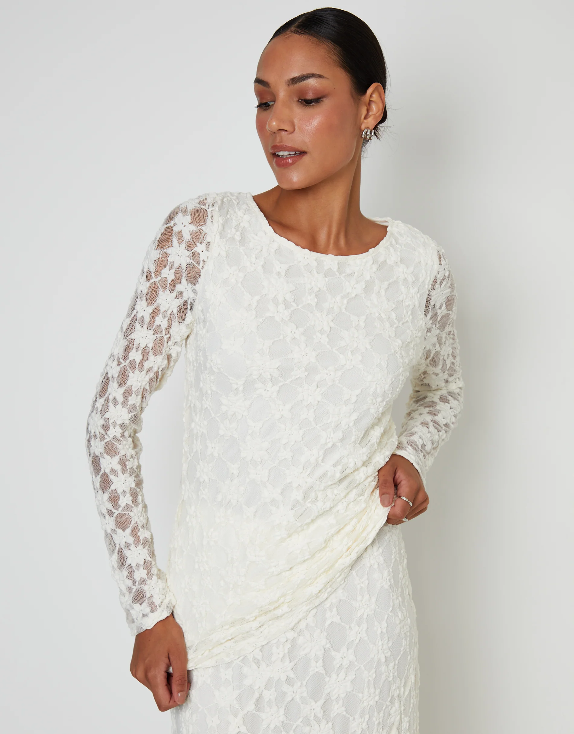 Long Sleeve Asymmetric Lace Slash Neck Top in White