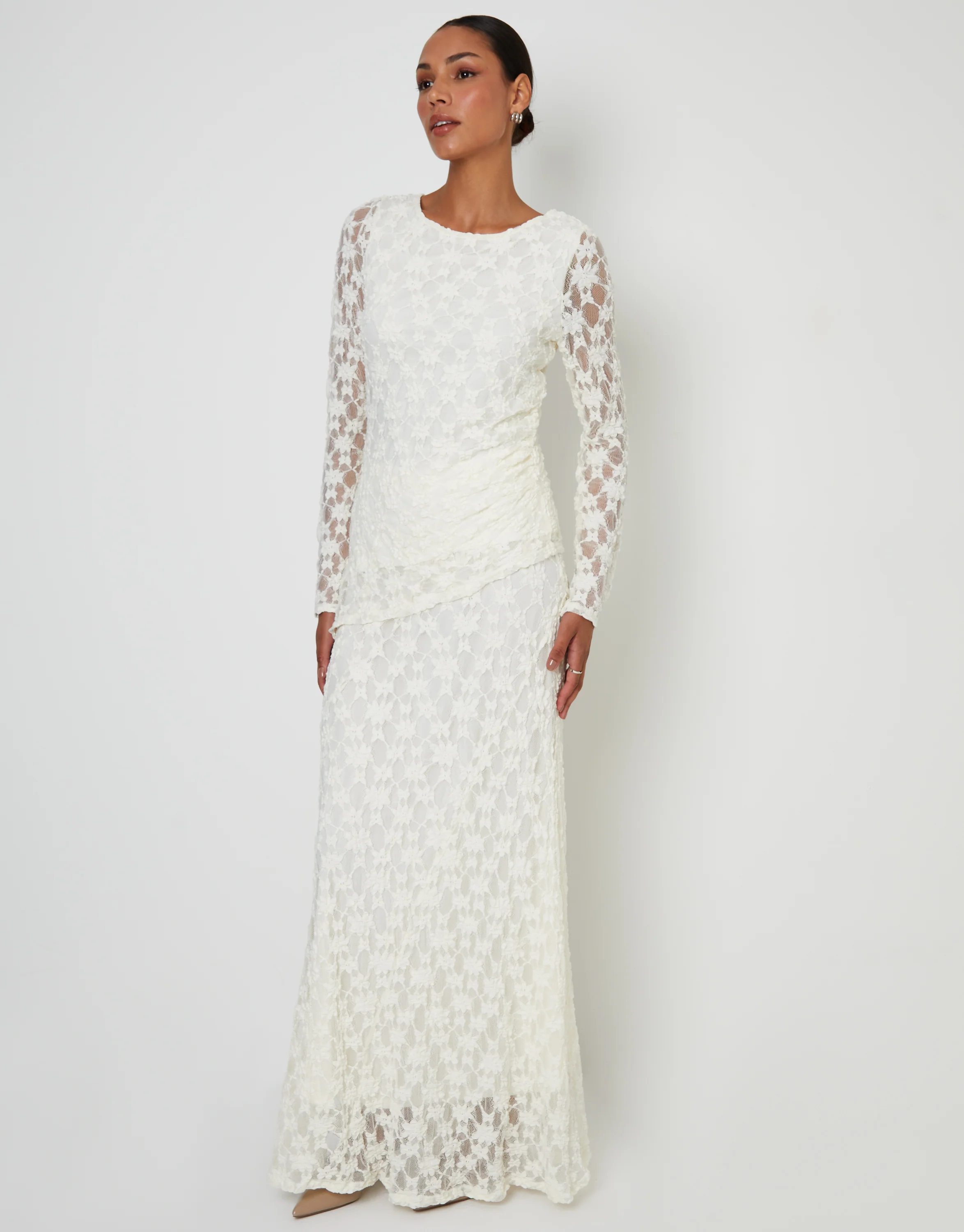 Long Sleeve Asymmetric Lace Slash Neck Top in White - Image 3