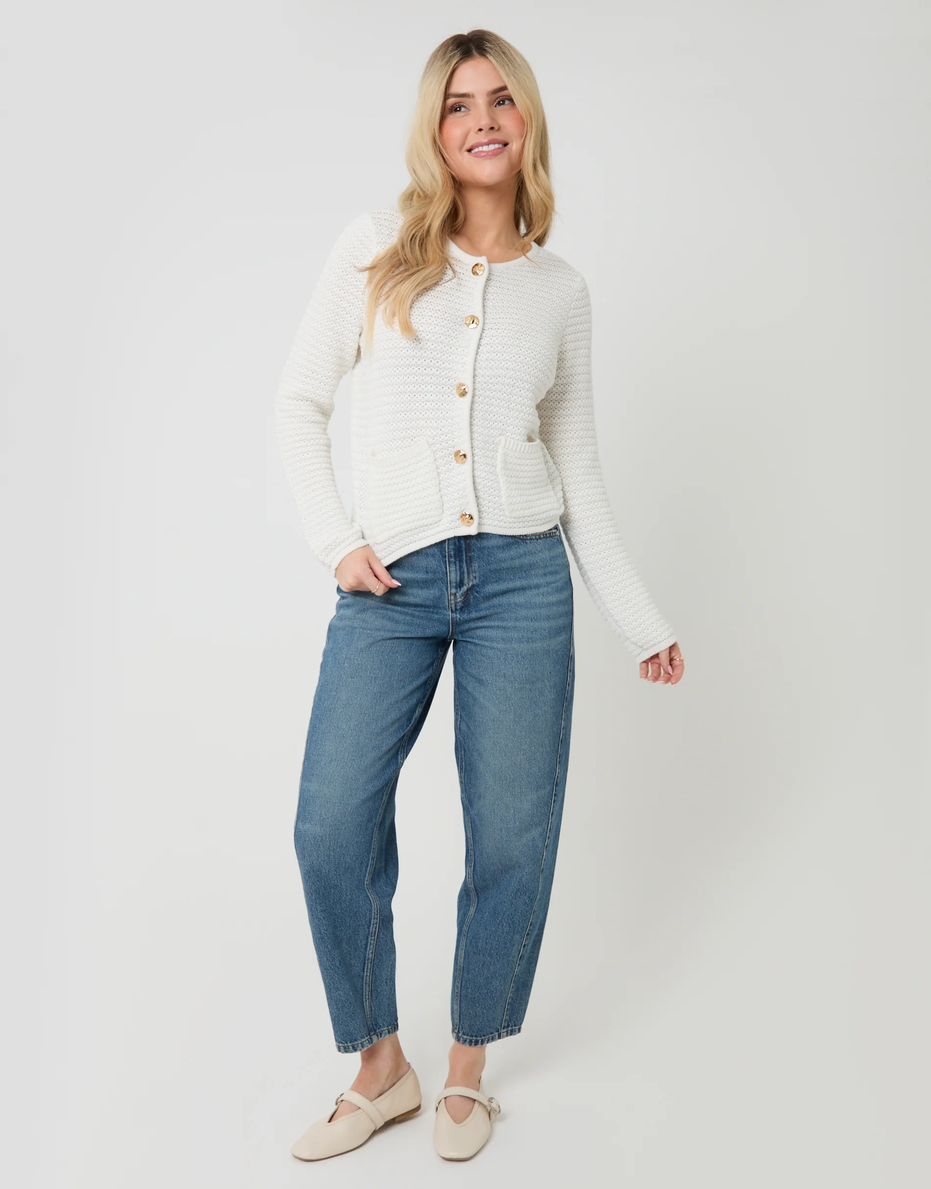 Patch Pocket Crew Neck Cardigan in White - Image 3