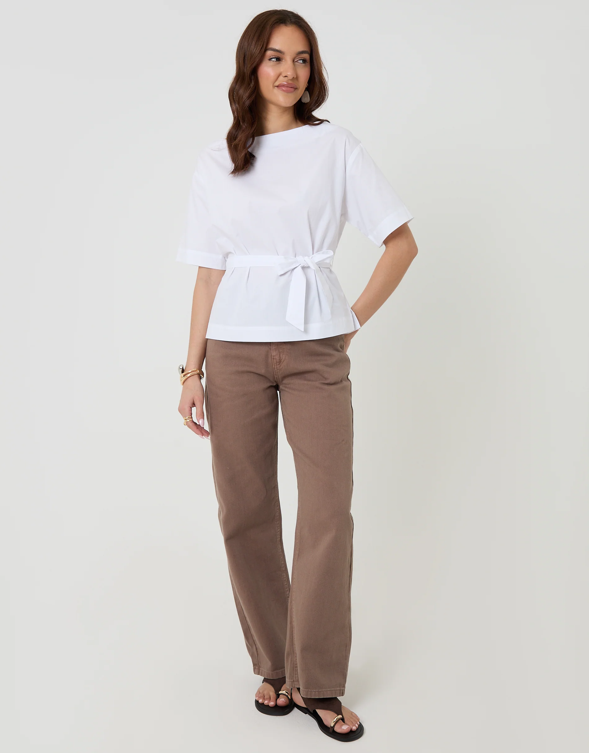 Poplin Slash Neck Tie Belt Top in White - Image 3