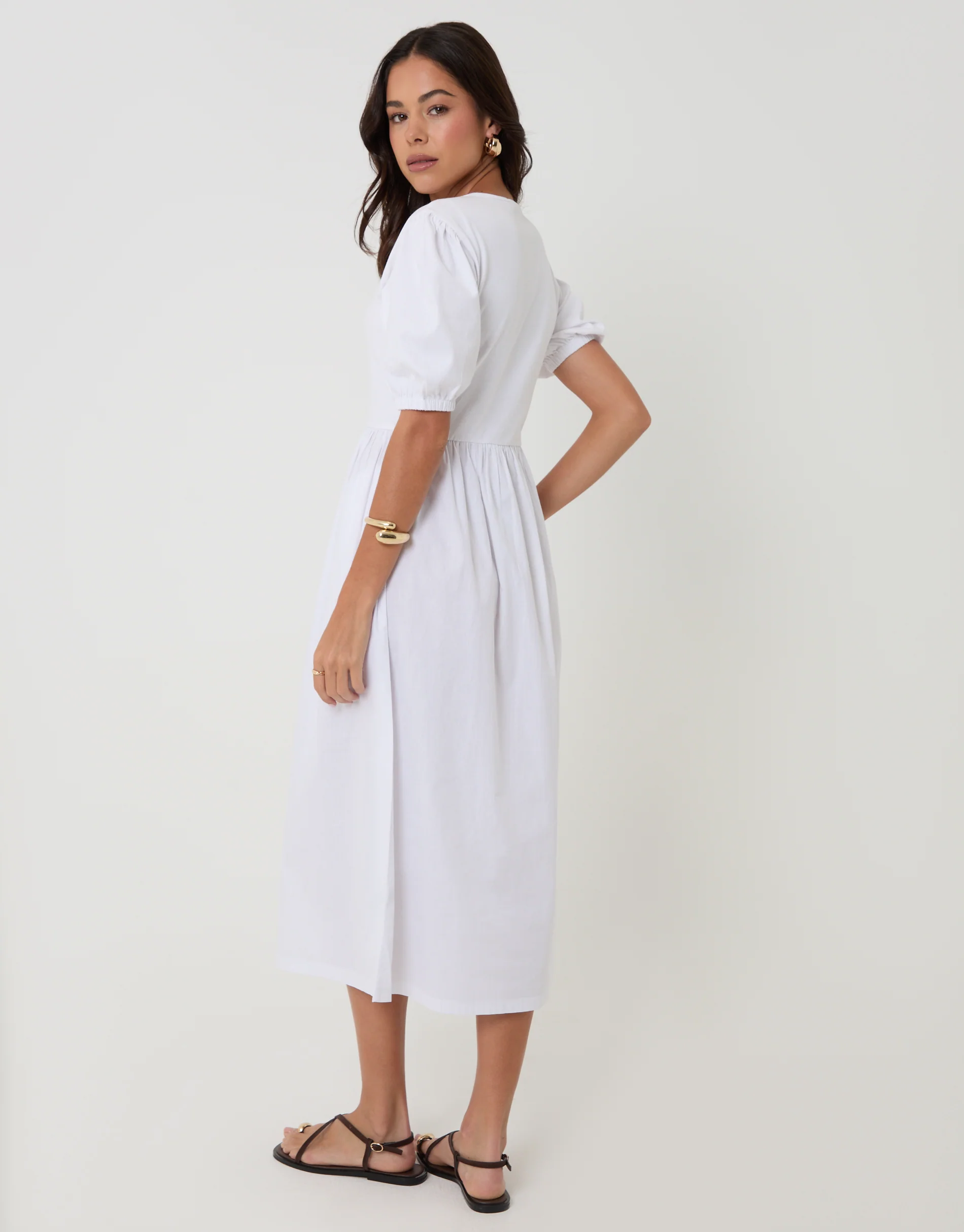 Puff Sleeve Jersey Poplin Mix Maxi Dress in White - Image 2