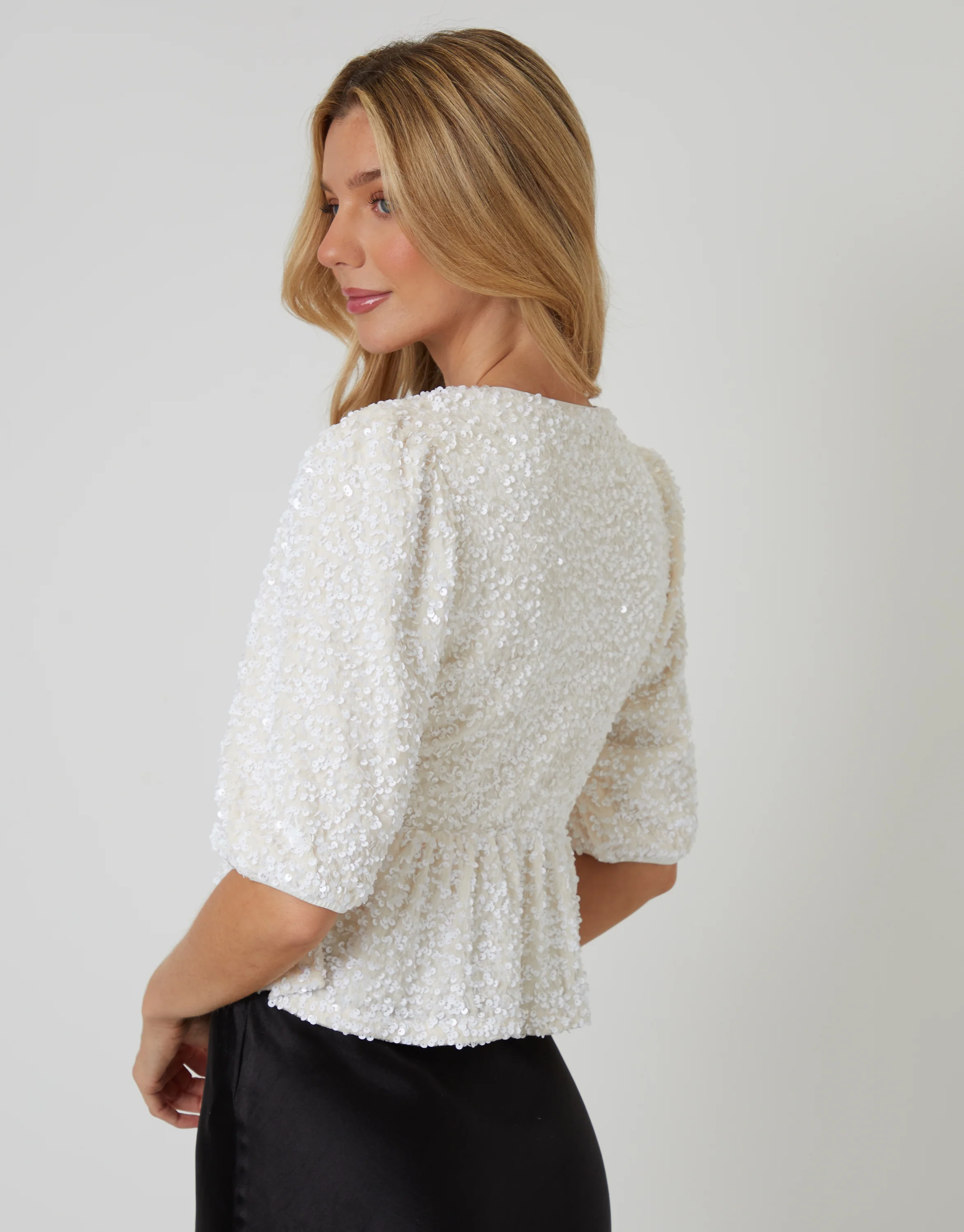 Sequin Velour Bow Detail Blouse in White - Image 3