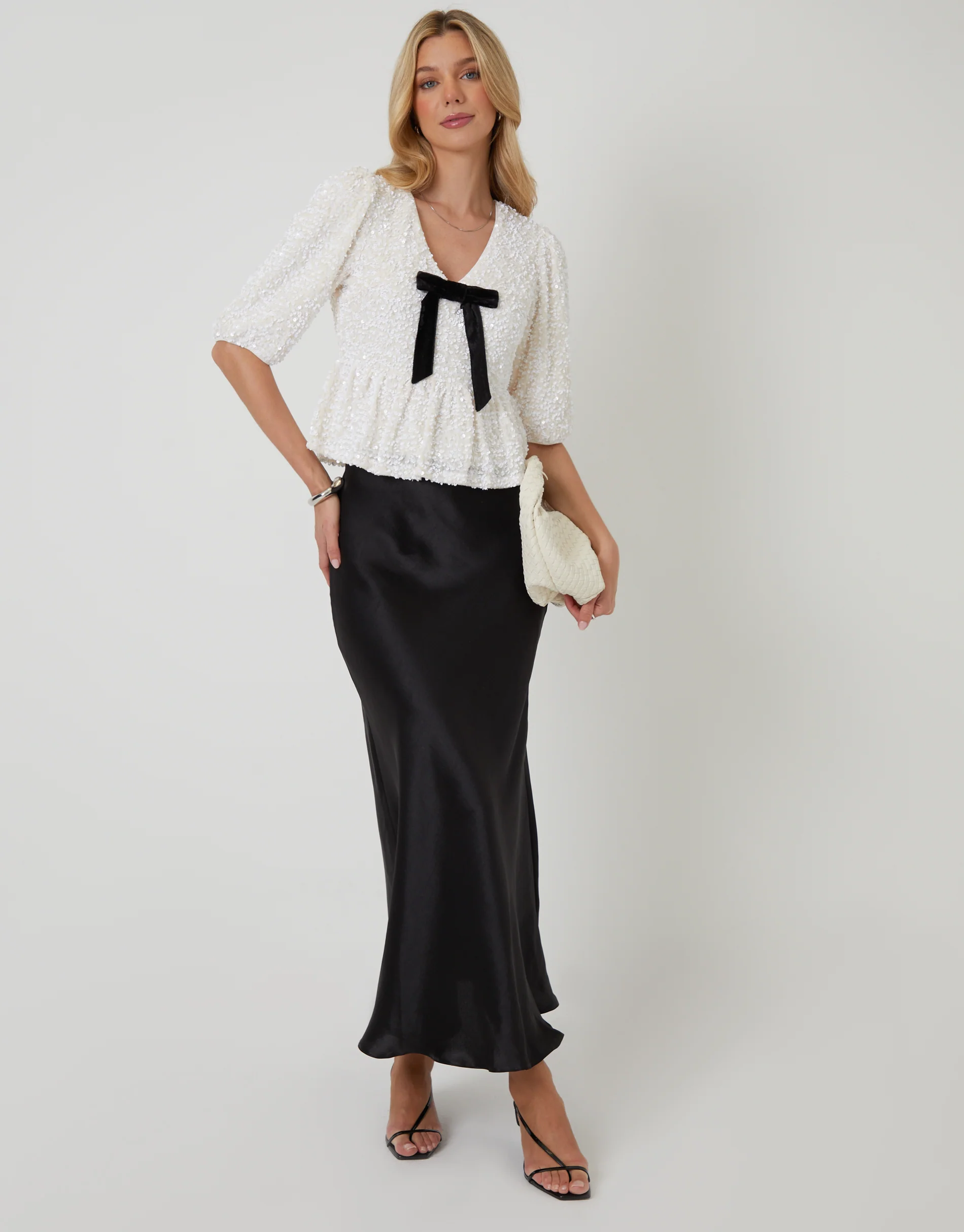 Sequin Velour Bow Detail Blouse in White - Image 4