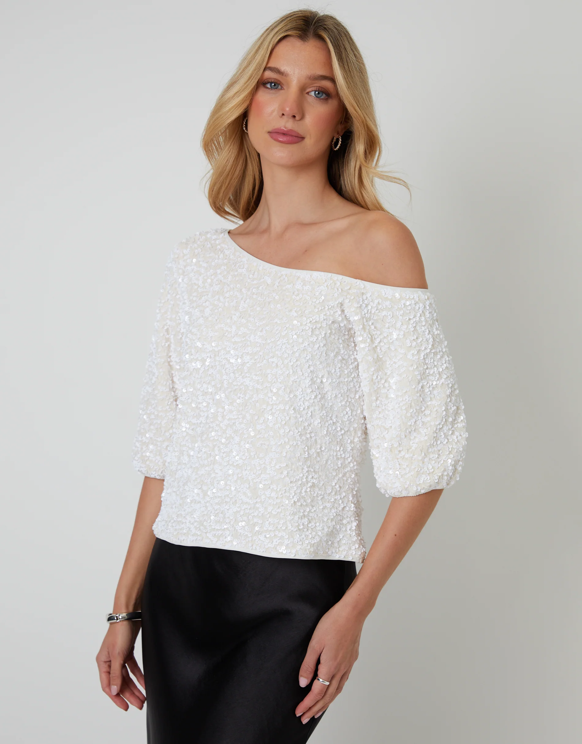 Sequin Velour Slash Neck Top in White - Image 2