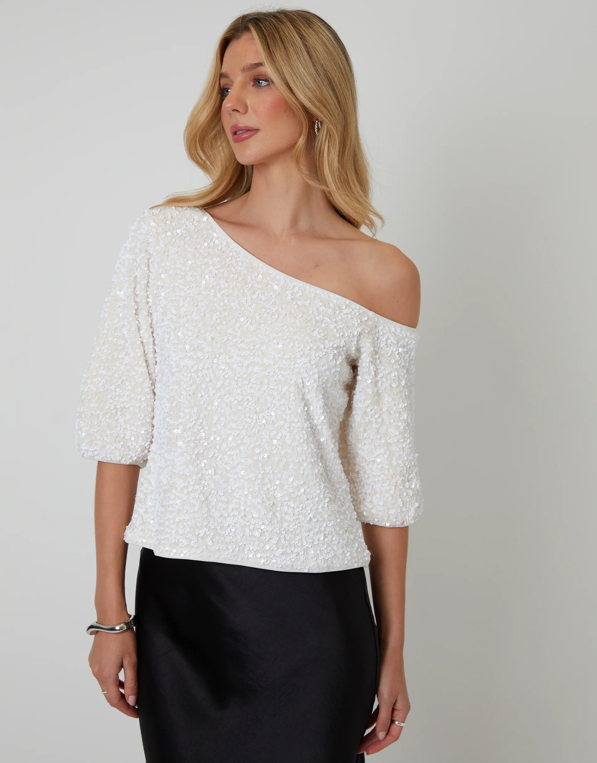 Sequin Velour Slash Neck Top in White - Image 4