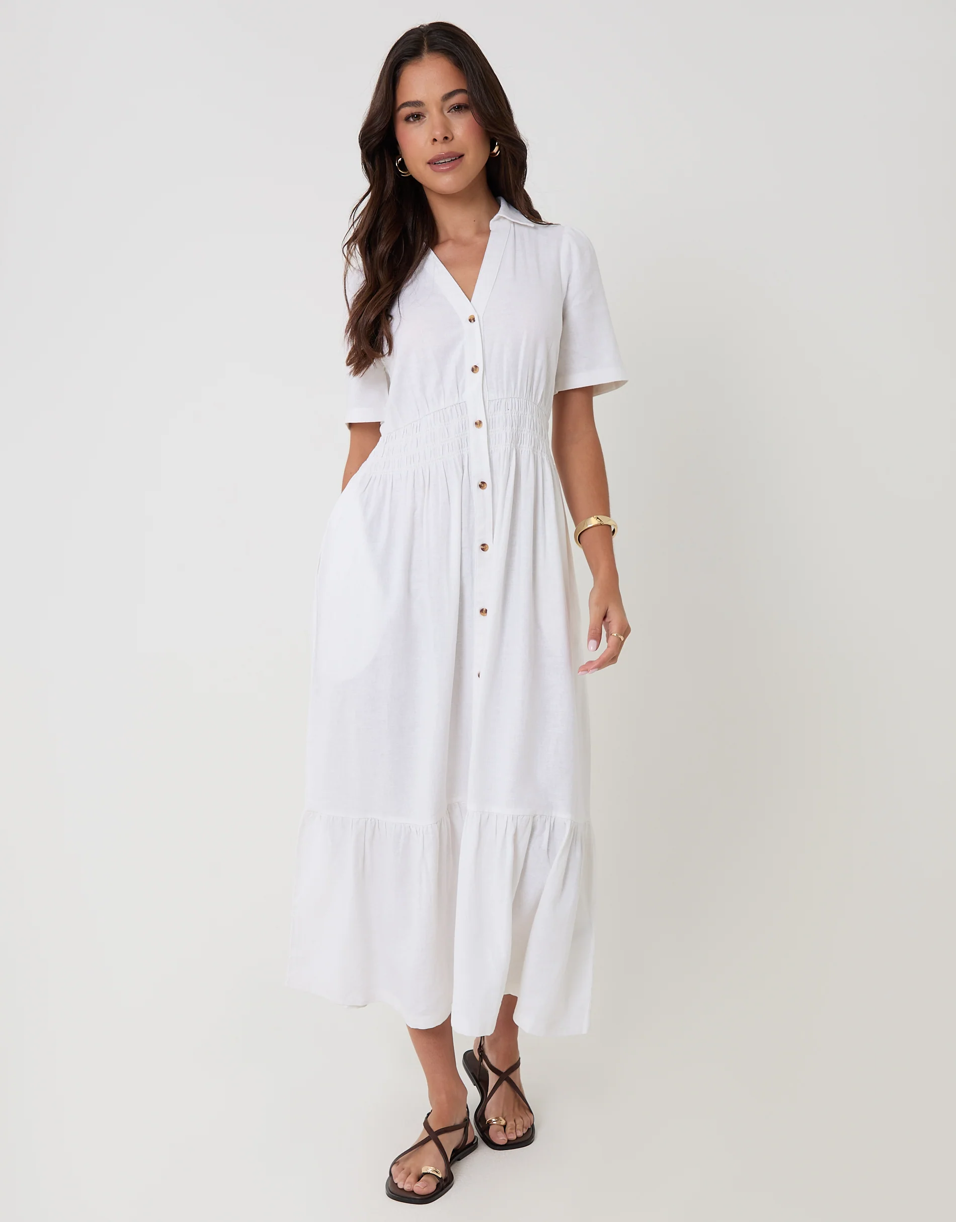 Tiered Linen Blend V Neck Maxi Dress in White - Image 3