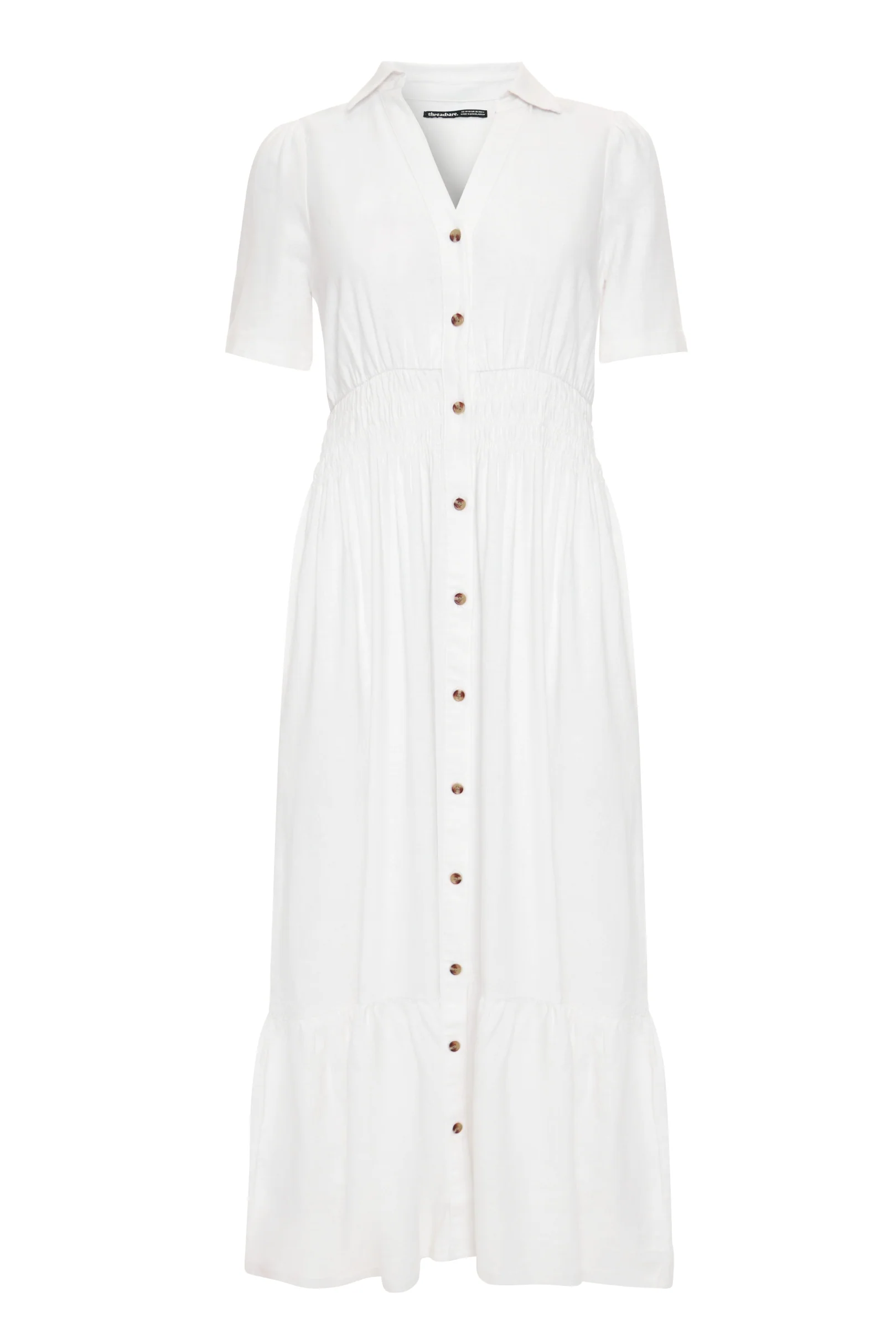 Tiered Linen Blend V Neck Maxi Dress in White - Image 5