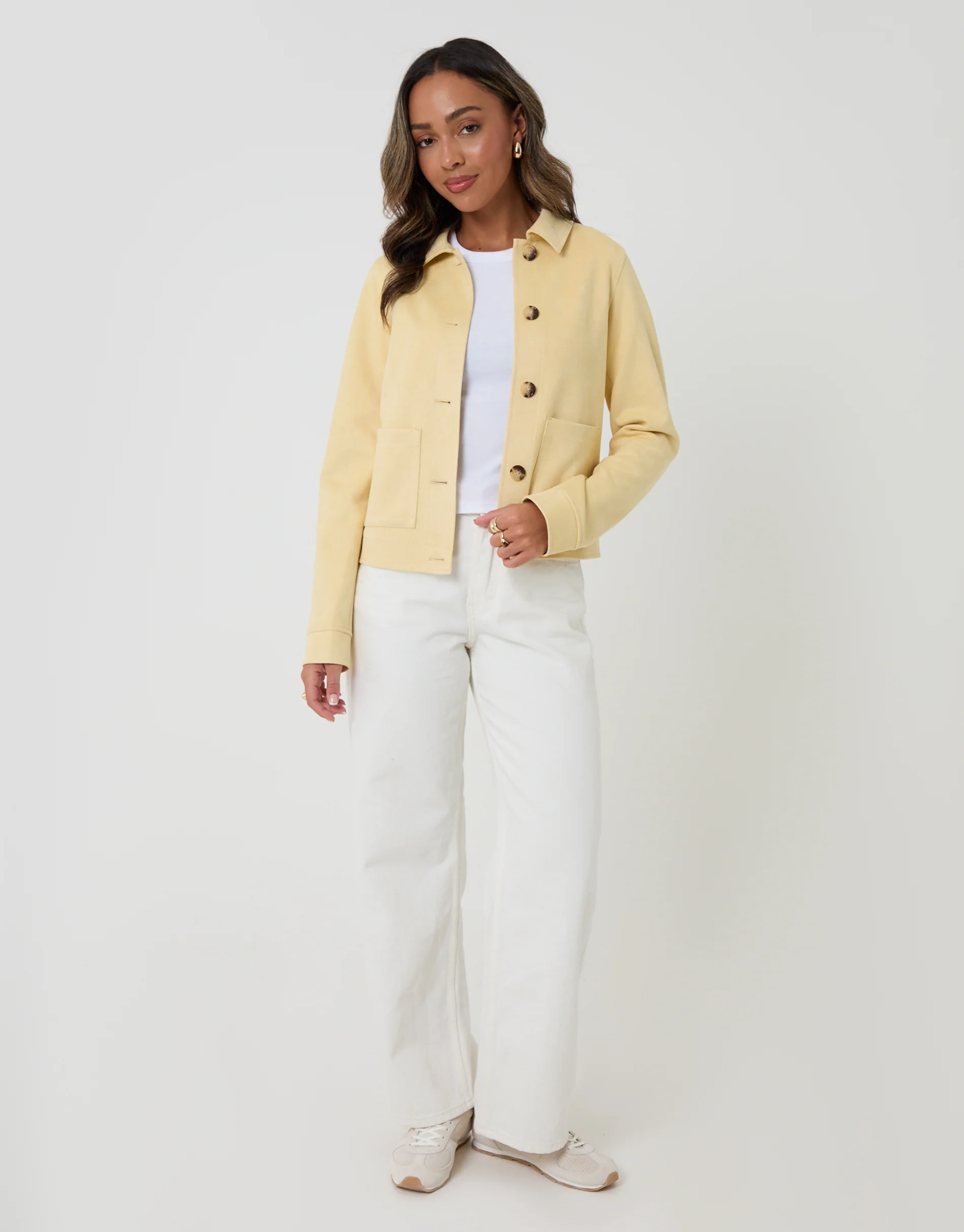 Cropped Button Up Suedette Shacket in Yellow - Image 3