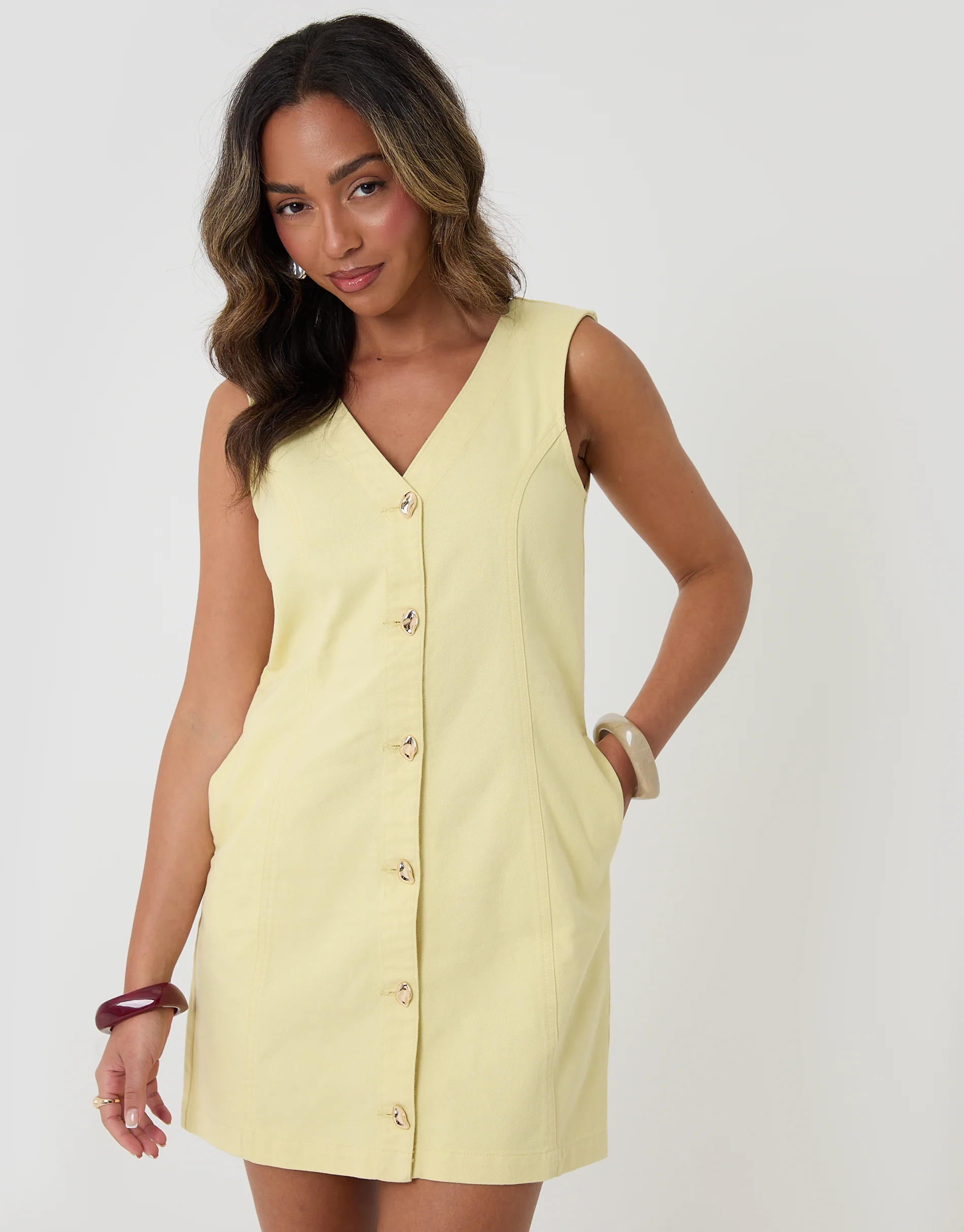 Denim V-Neck Mini Pinafore Dress in Yellow - Image 4