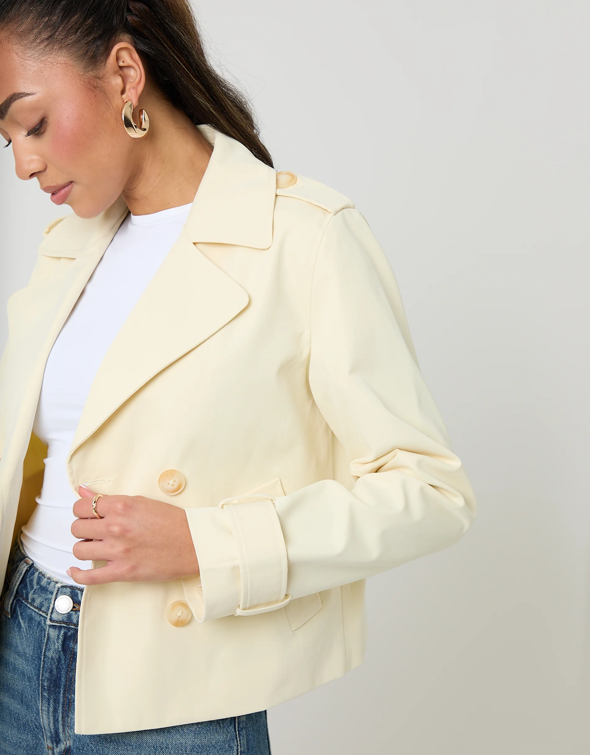 Double Breasted Cropped Trench Coat in Yellow - Image 3