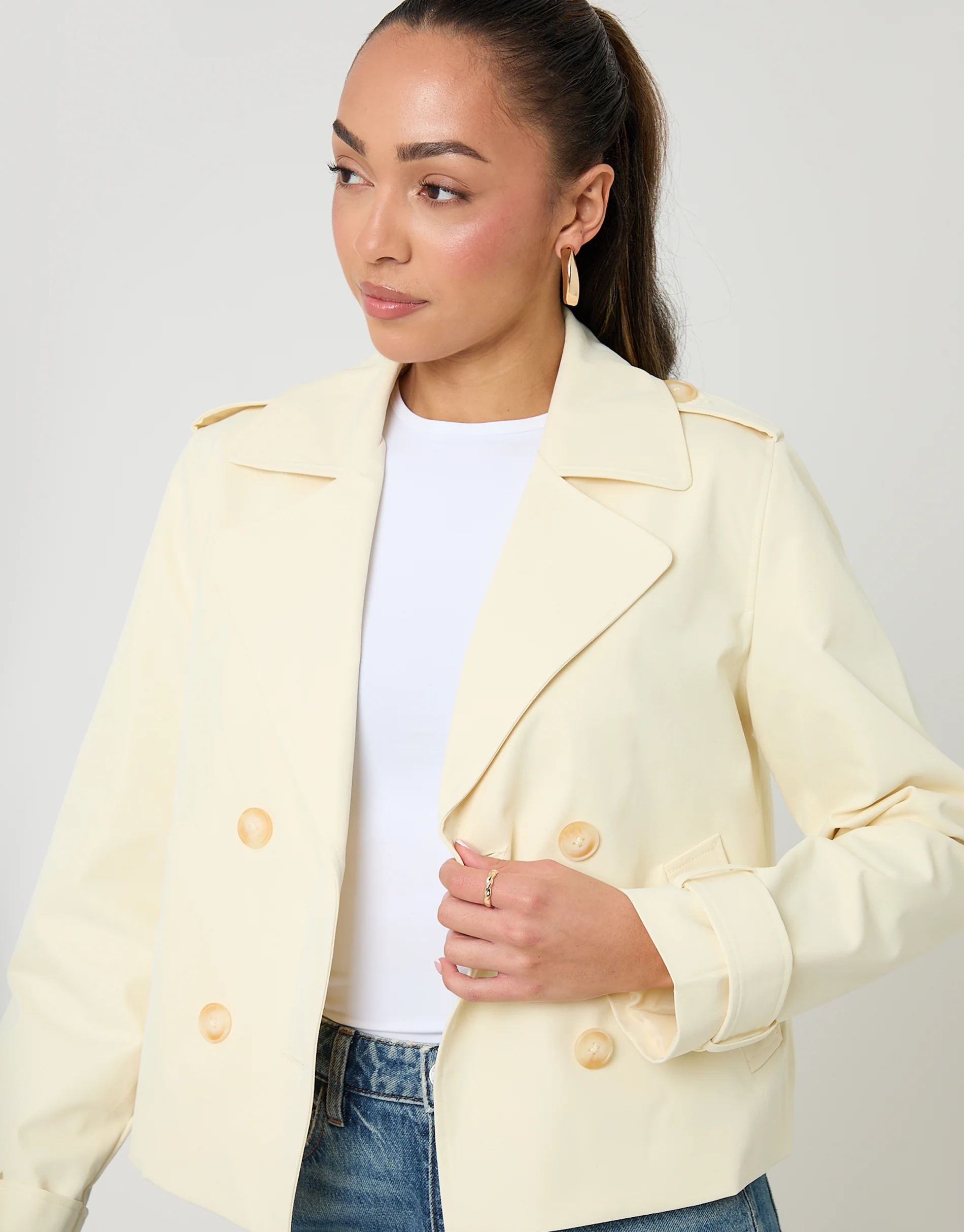 Double Breasted Cropped Trench Coat in Yellow - Image 4