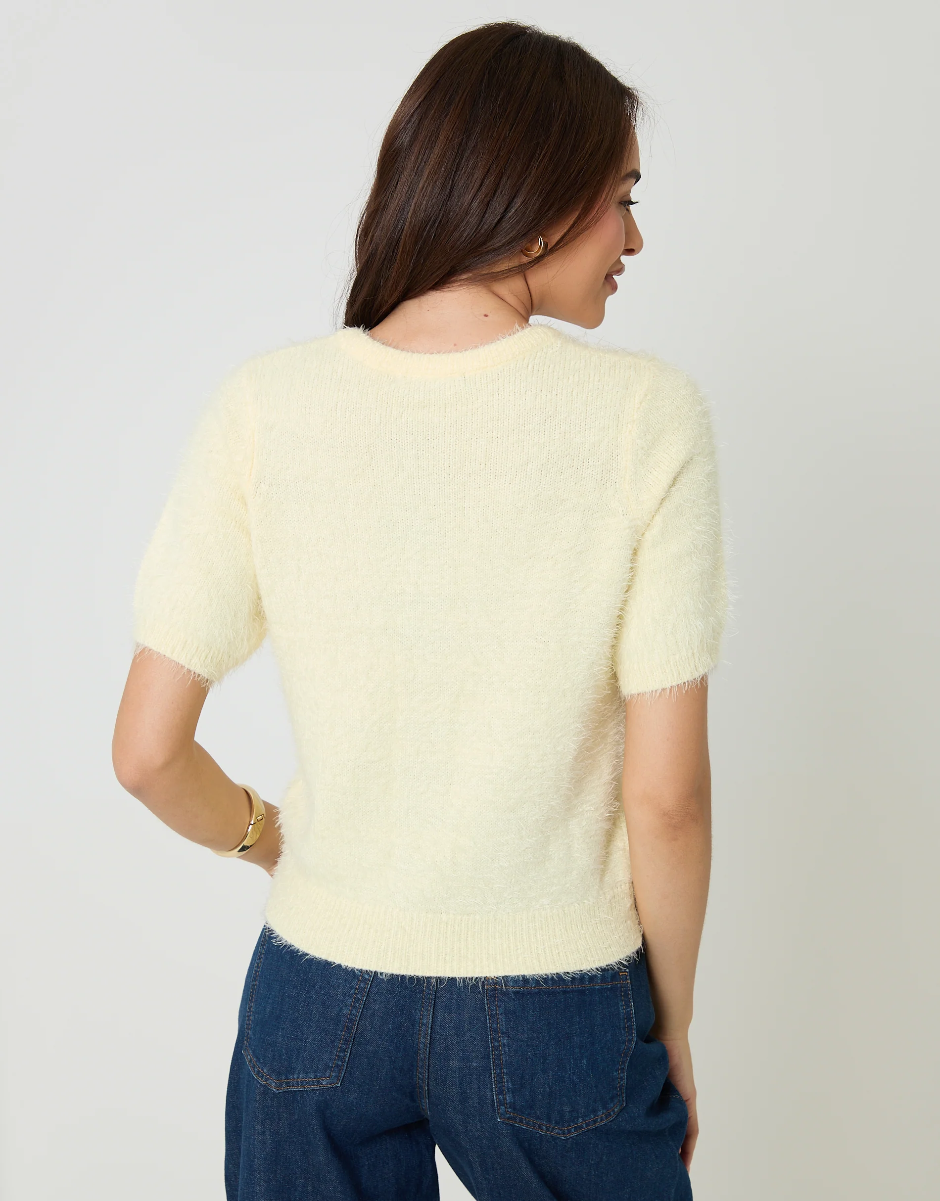 Eyelash Knit Short Sleeve Cardigan in Yellow - Image 2