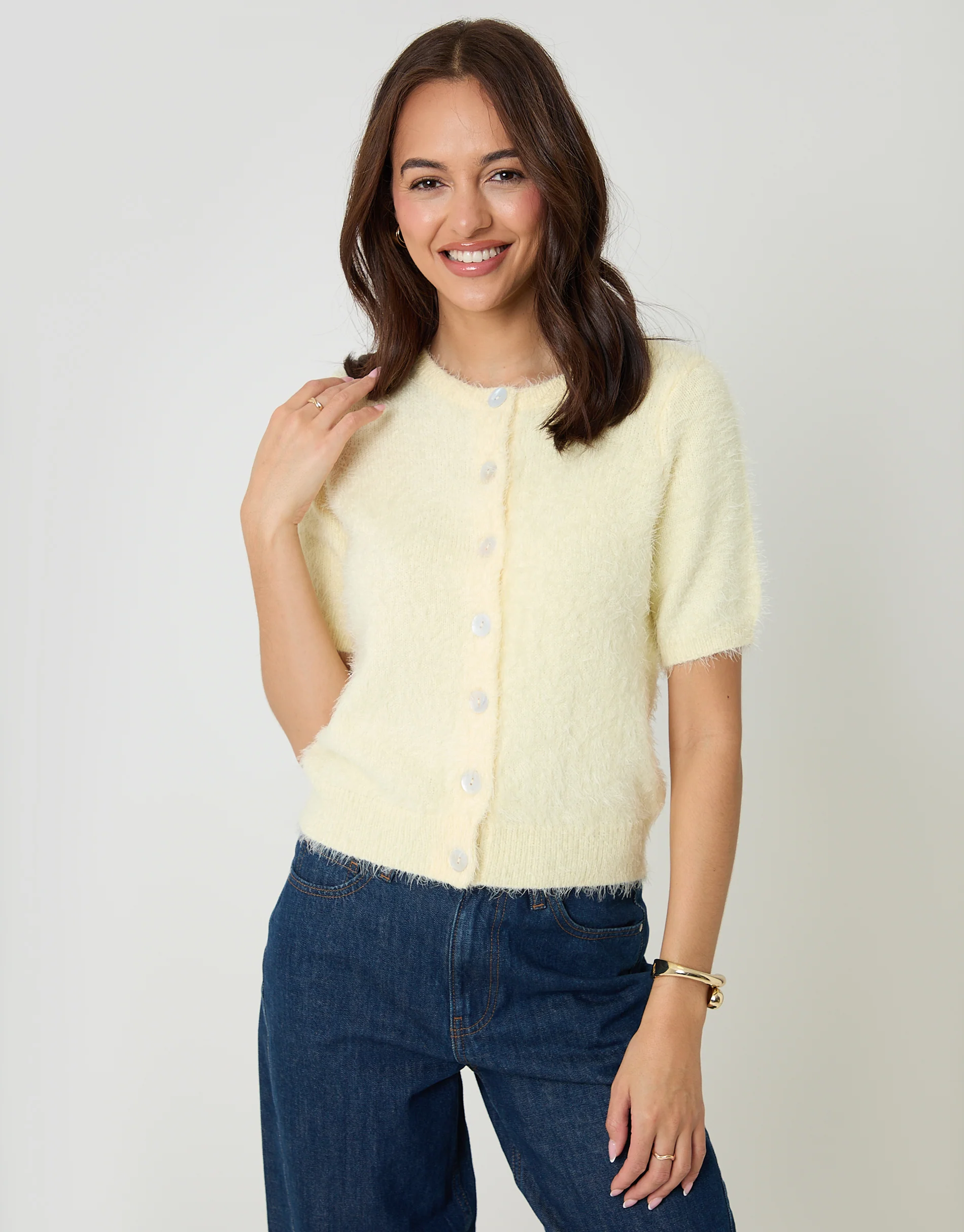 Eyelash Knit Short Sleeve Cardigan in Yellow - Image 3