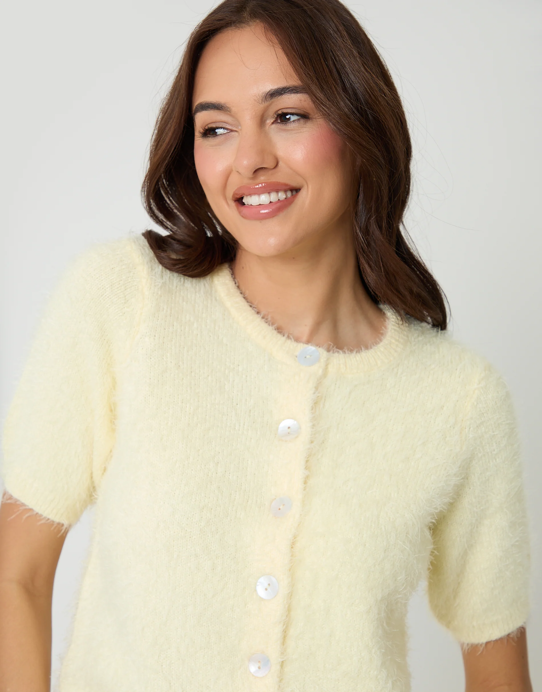 Eyelash Knit Short Sleeve Cardigan in Yellow - Image 4