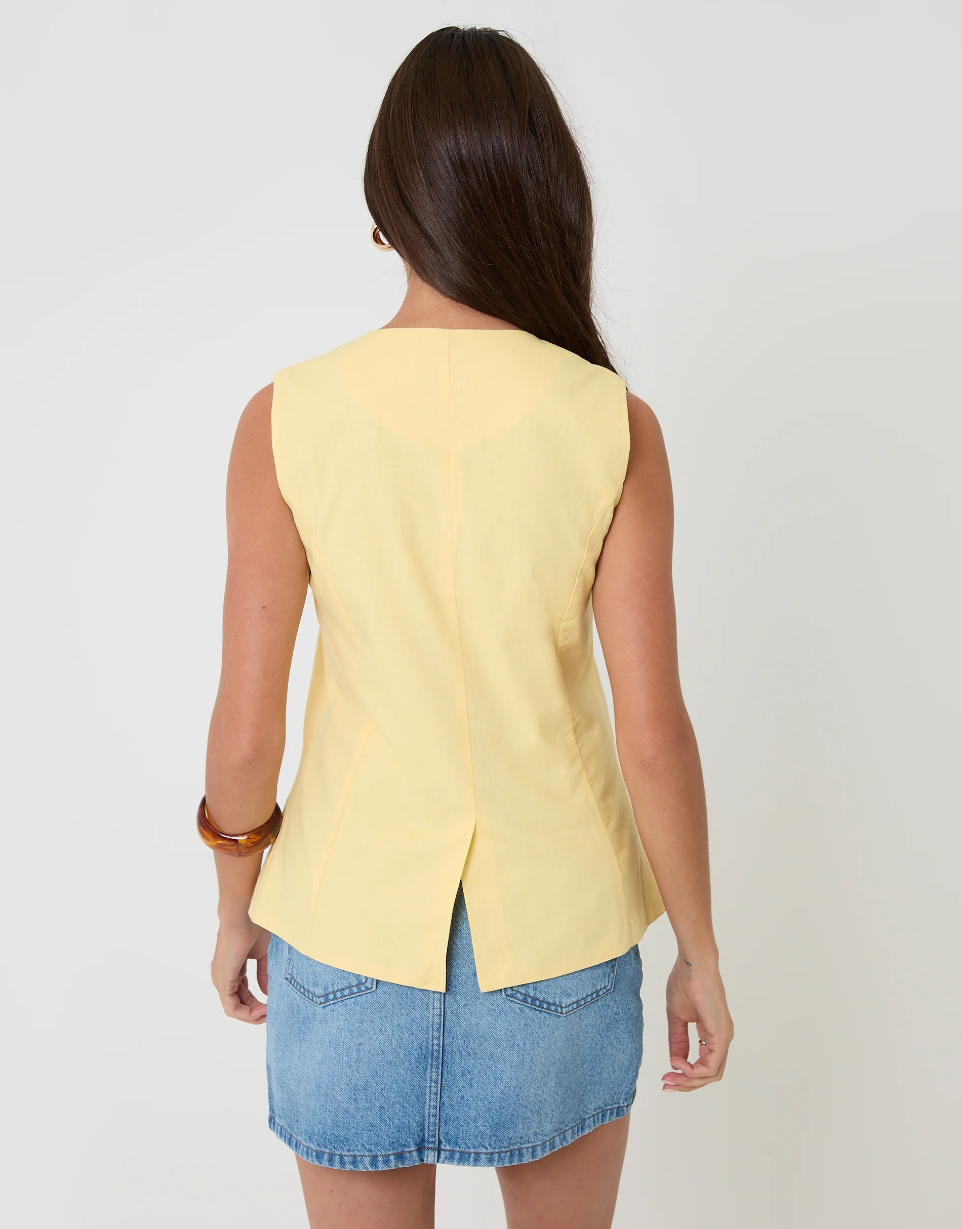 Linen Blend Longline Waistcoat in Yellow - Image 2