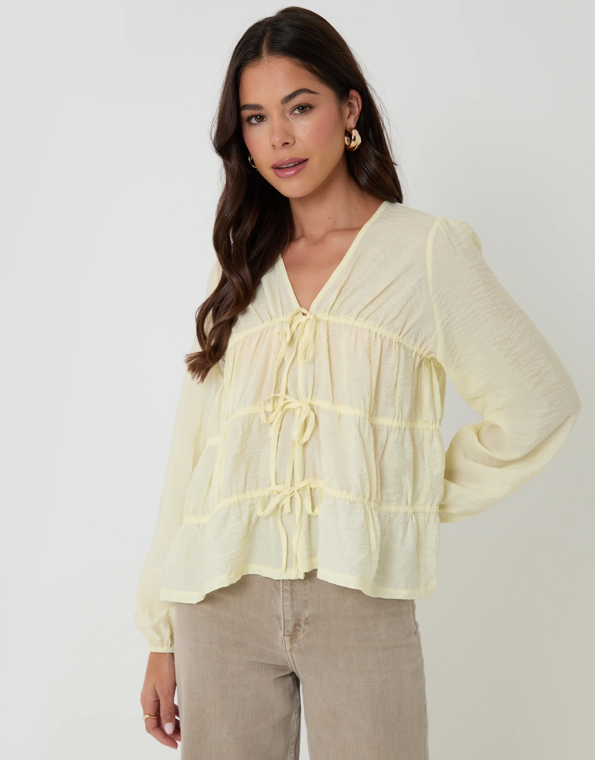 Long Sleeve Tie Front Blouse in Yellow